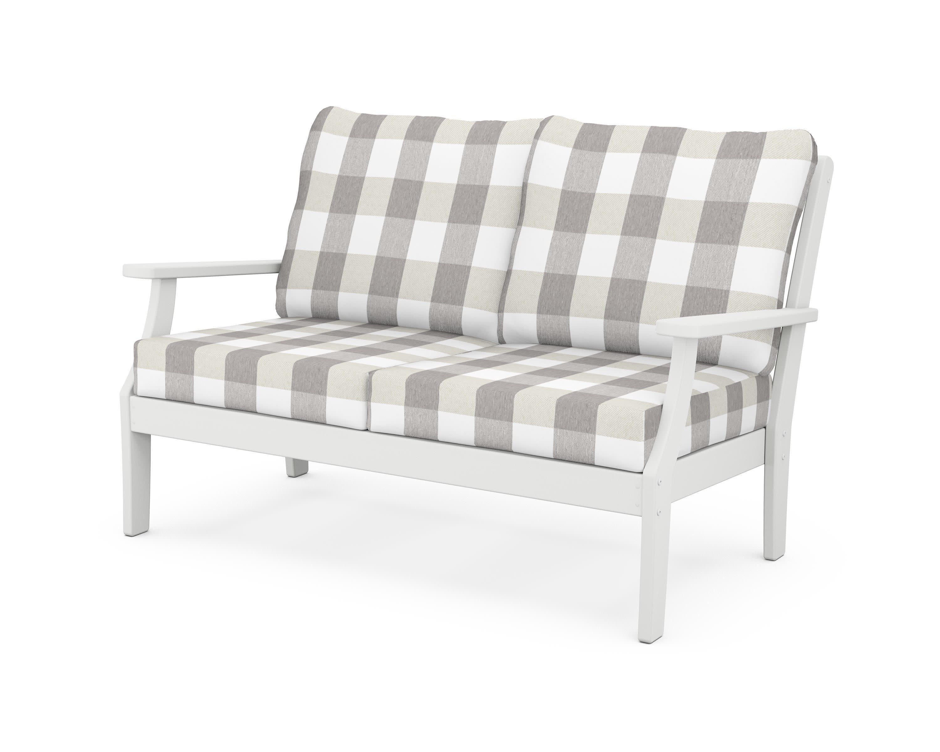 Yacht Club Deep Seating Loveseat in Classic White / Buffalo Plaid Grey Mist