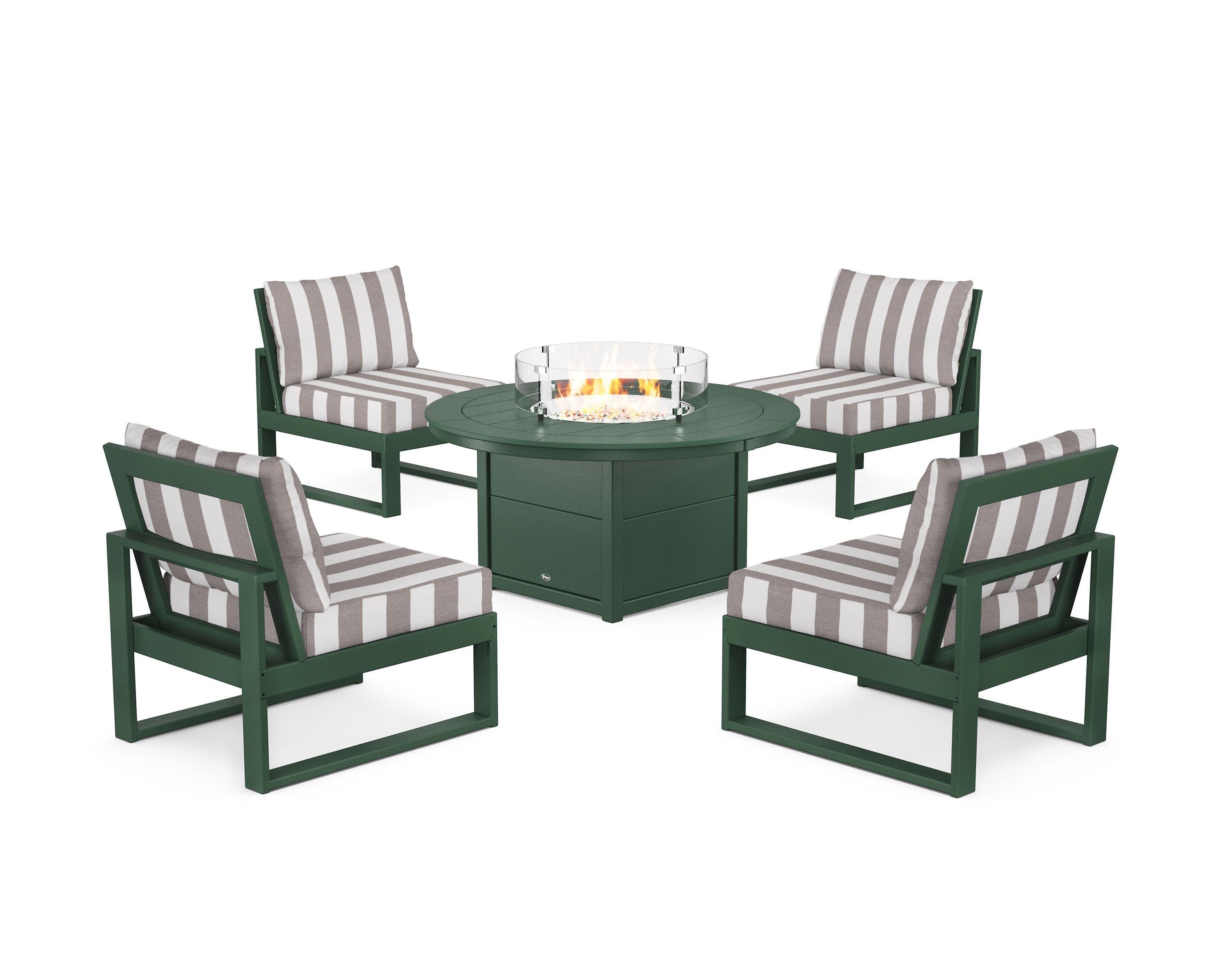Eastport Modular 5-Piece Deep Seating Set with Round Fire Pit Table in Rainforest Canopy / Cabana Stripe Grey Mist