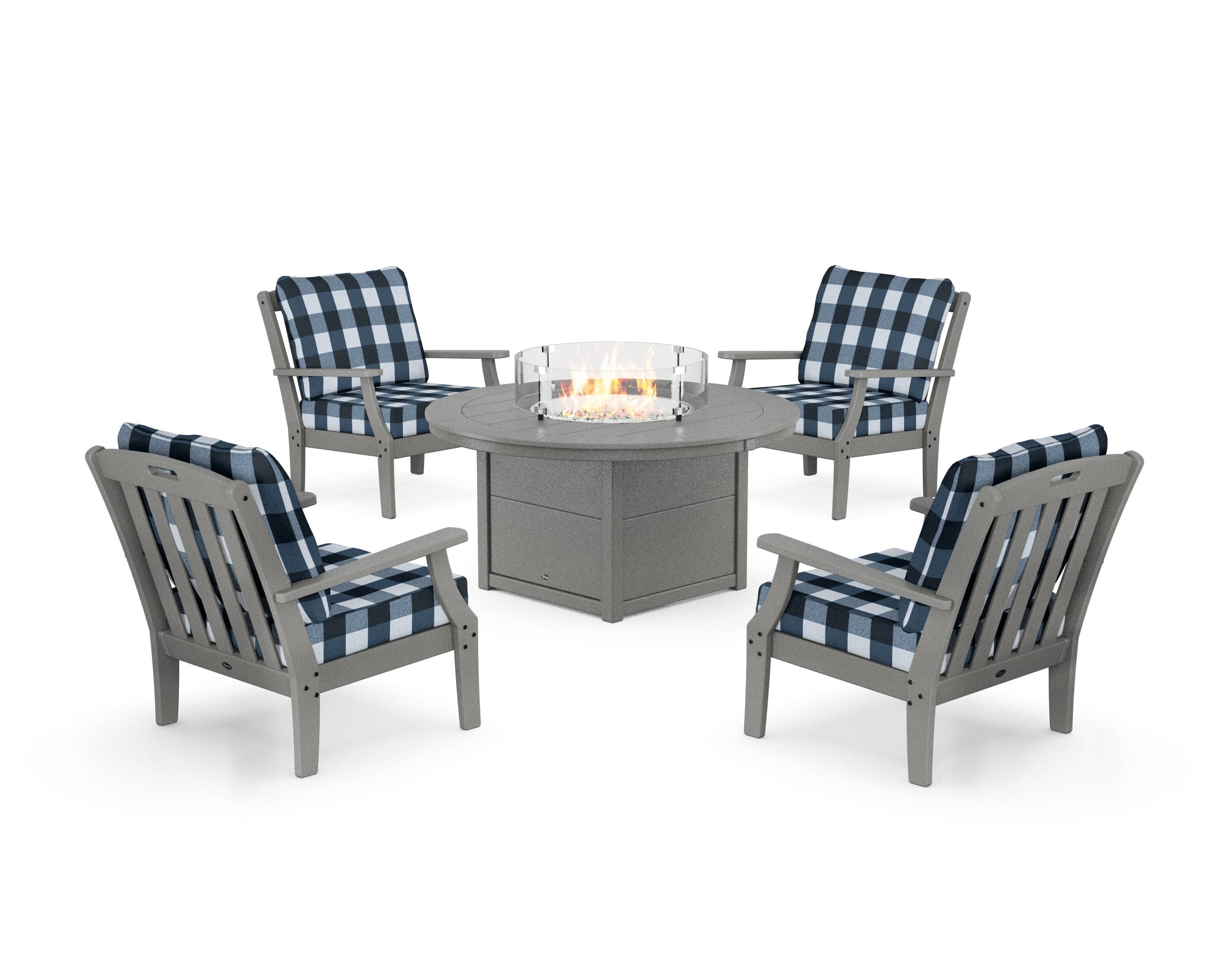 Yacht Club 5-Piece Deep Seating Set with Round Fire Pit Table in Stepping Stone / Buffalo Plaid Marine Indigo