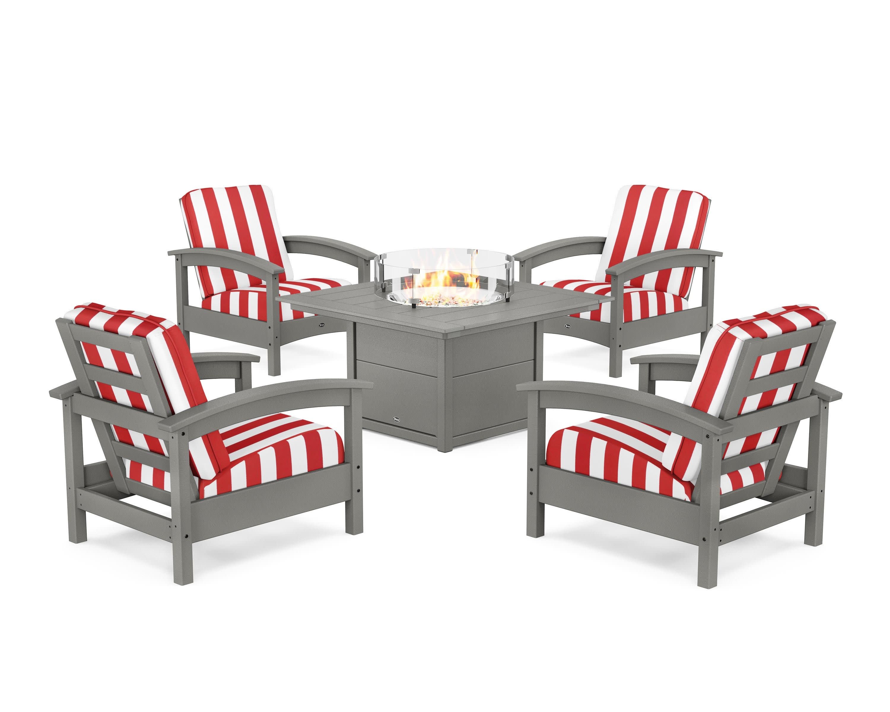 Rockport 5-Piece Deep Seating Set with Square Fire Pit Table in Stepping Stone / Cabana Stripe Crimson