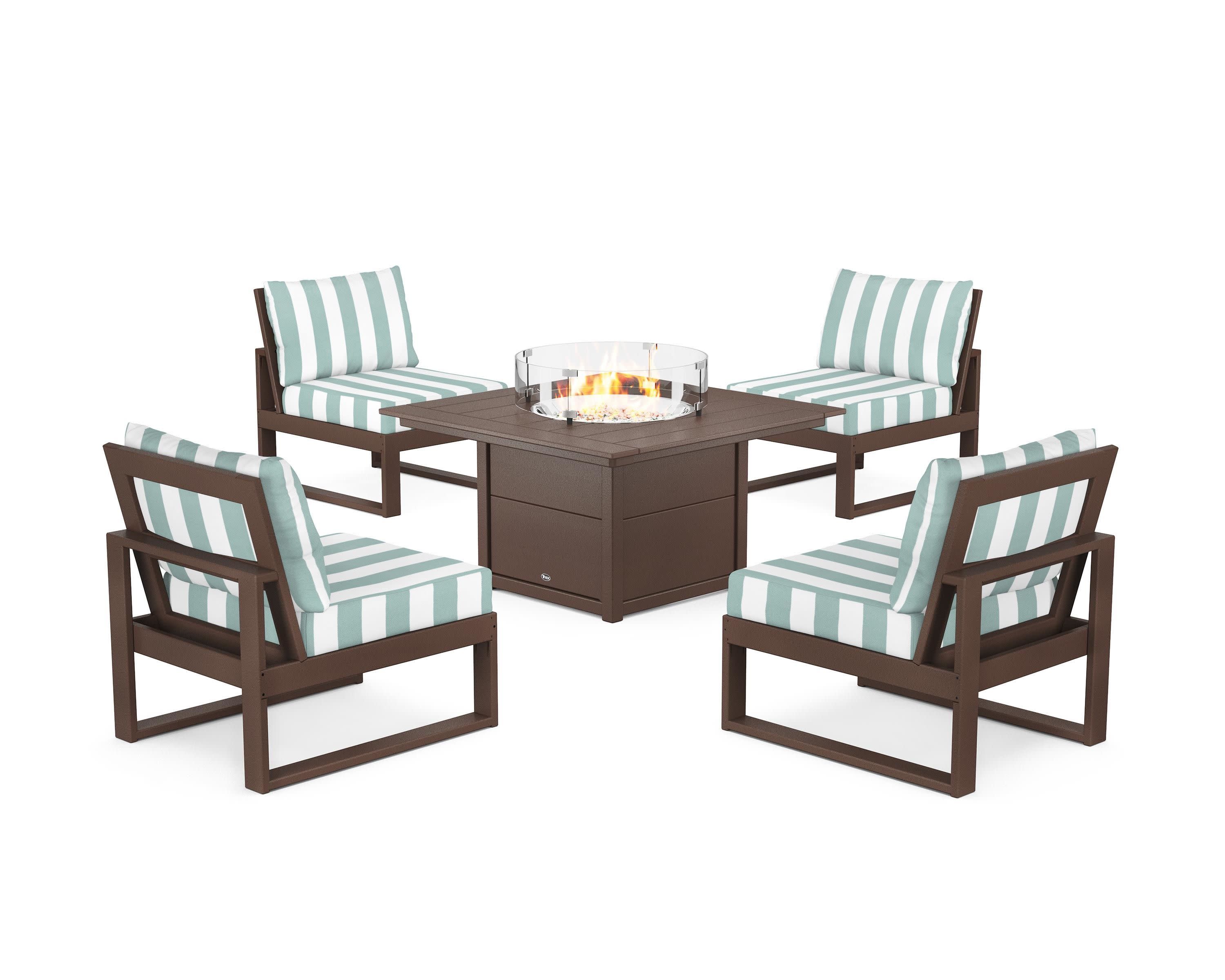 Eastport Modular 5-Piece Deep Seating Set with Square Fire Pit Table in Vintage Lantern / Cabana Stripe Glacier Spa