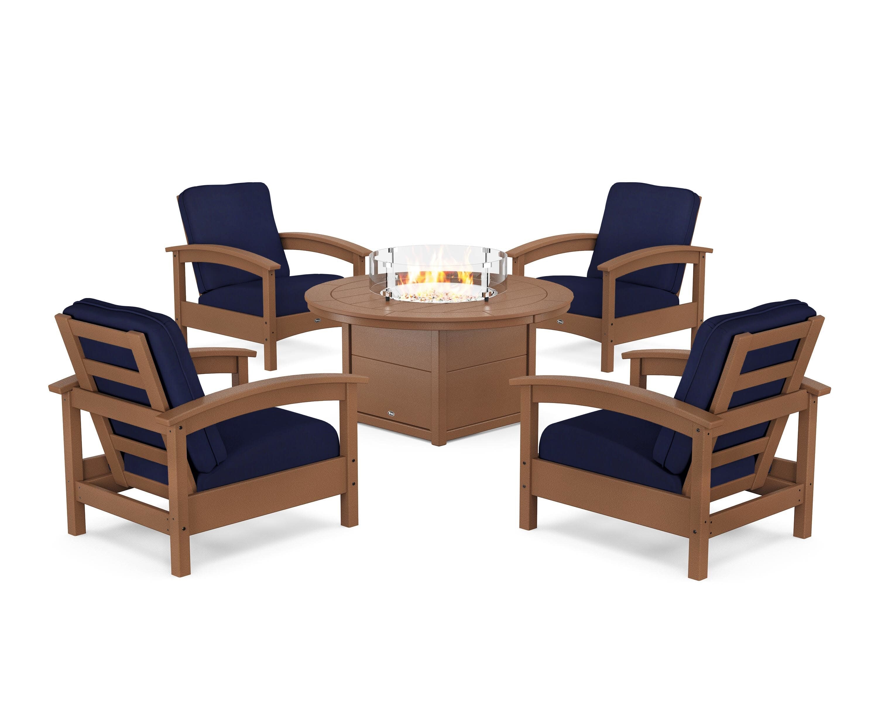 Rockport 5-Piece Deep Seating Set with Round Fire Pit Table in Tree House / Navy
