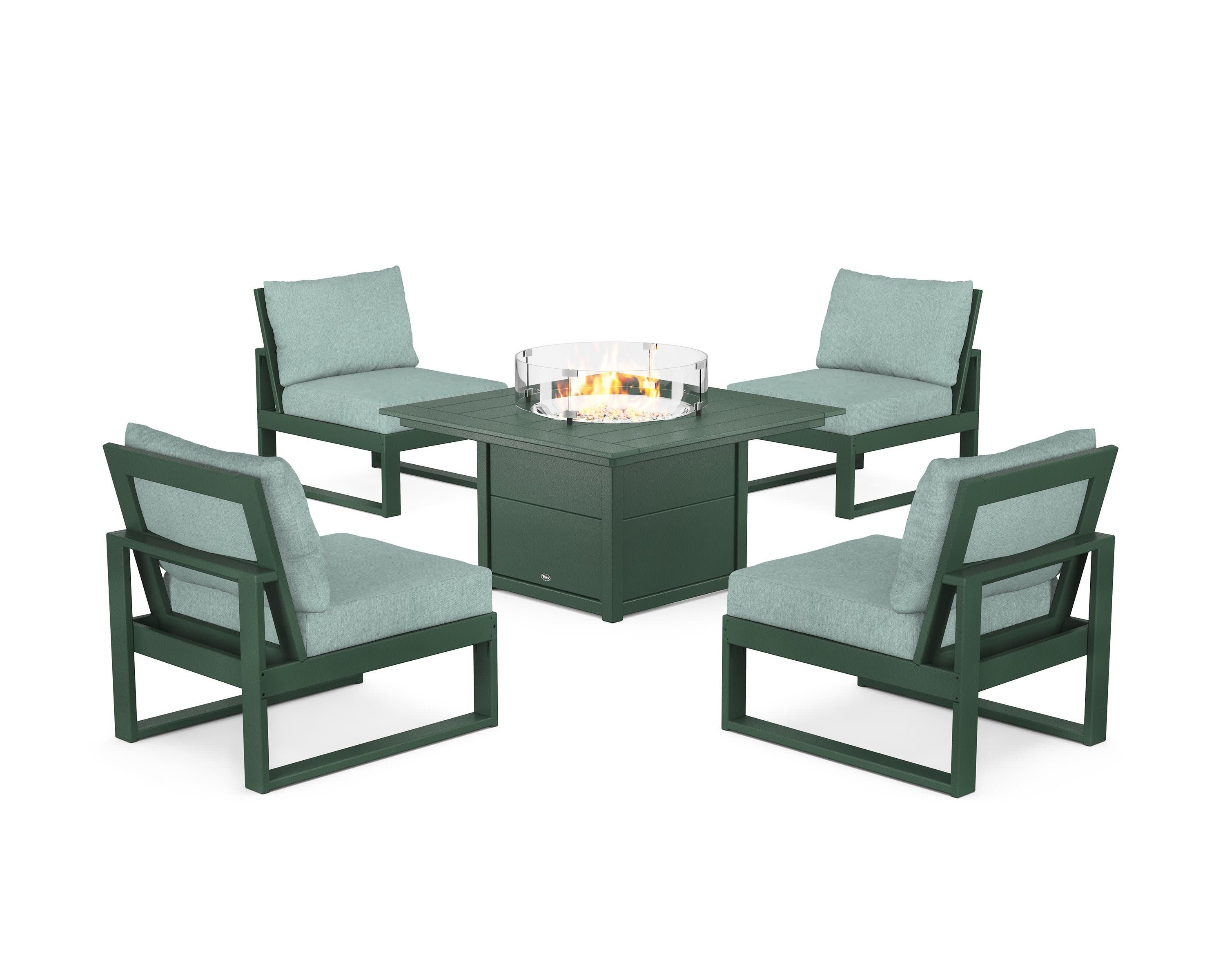 Eastport Modular 5-Piece Deep Seating Set with Square Fire Pit Table in Rainforest Canopy / Glacier Spa