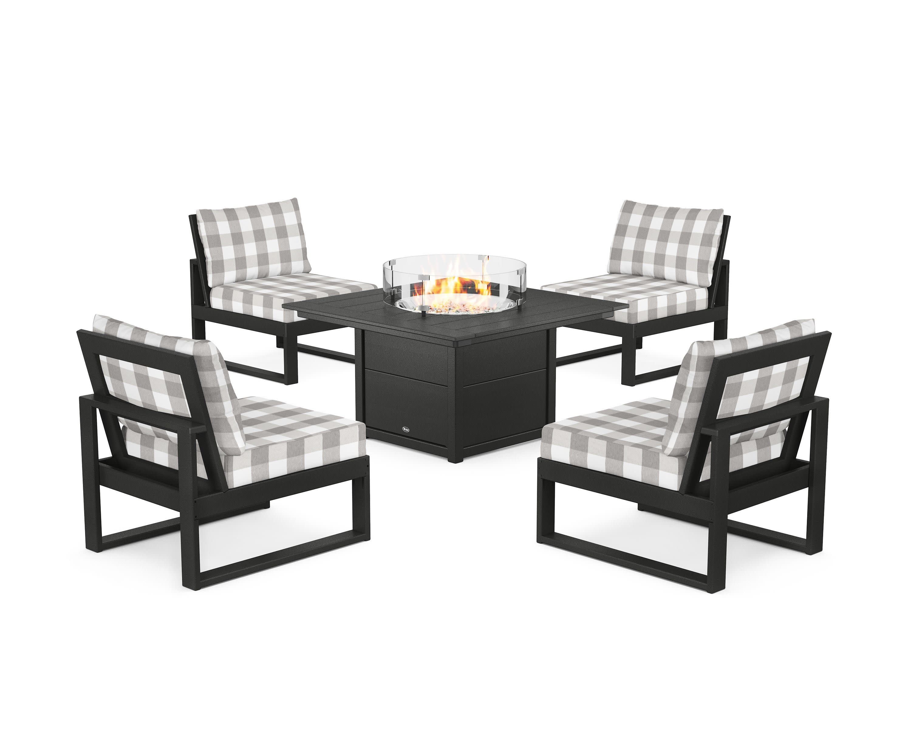 Eastport Modular 5-Piece Deep Seating Set with Square Fire Pit Table in Charcoal Black / Buffalo Plaid Grey Mist