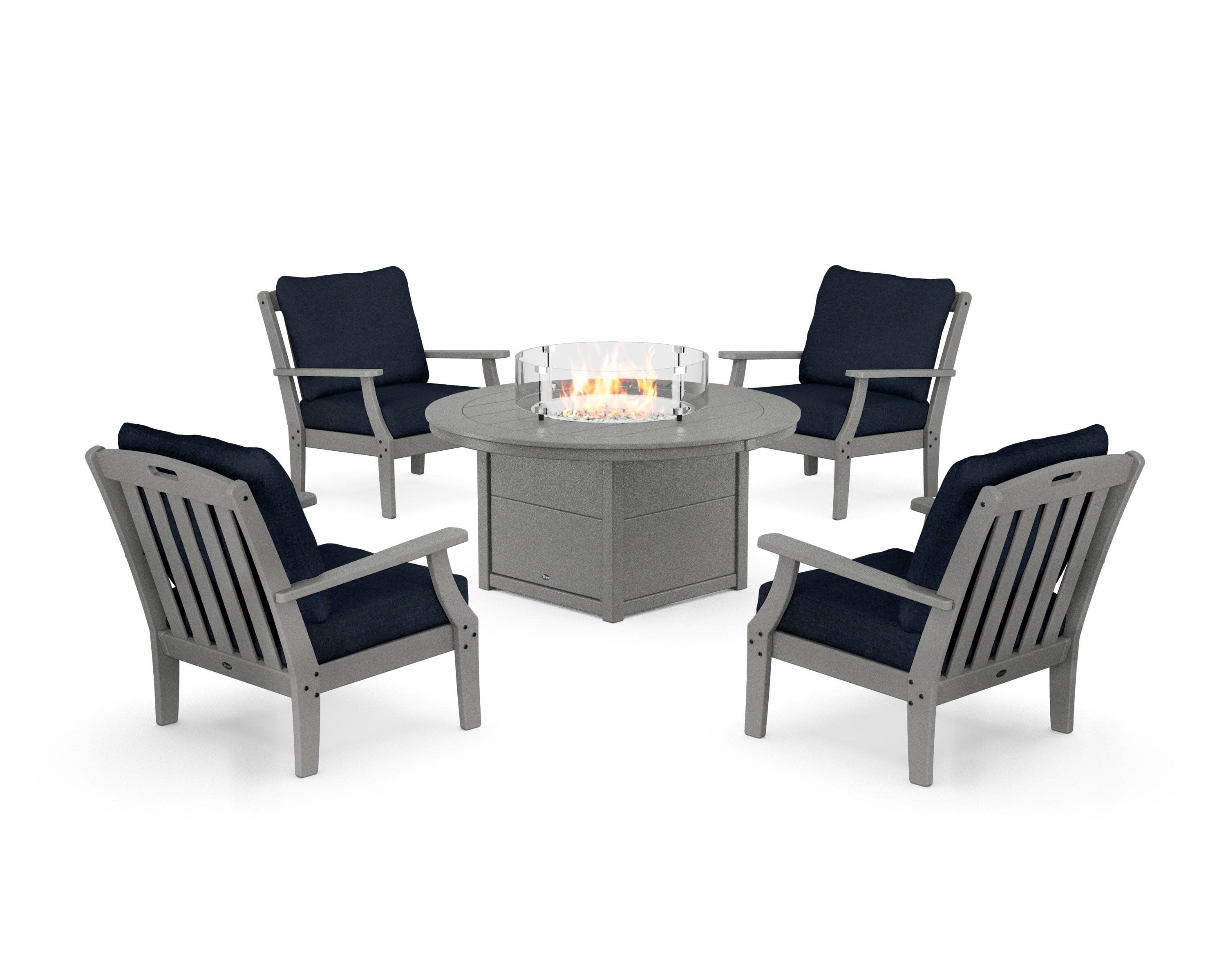 Yacht Club 5-Piece Deep Seating Set with Round Fire Pit Table in Stepping Stone / Marine Indigo