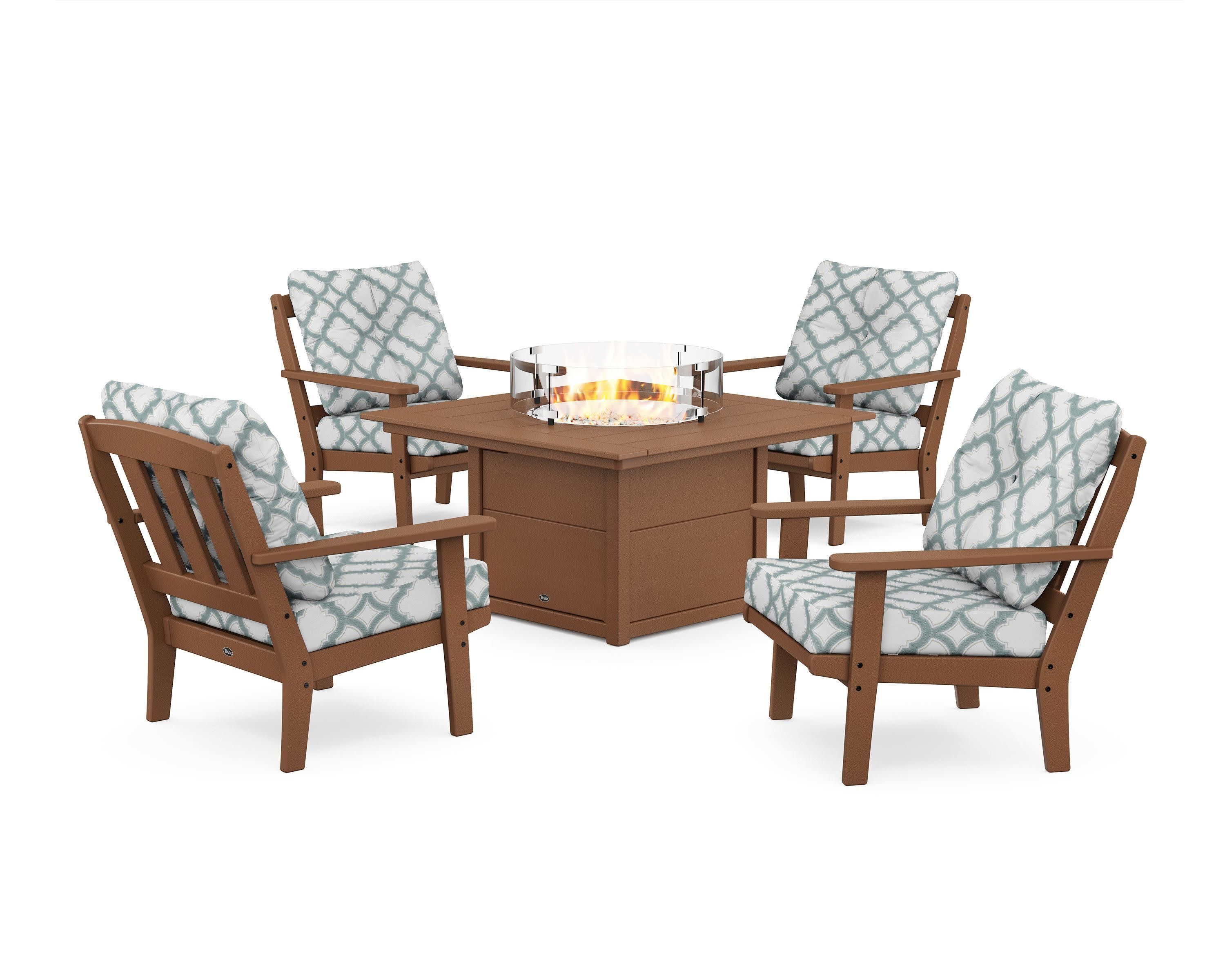 Cape Cod 5-Piece Deep Seating Set with Fire Pit Table in Tree House / Trellis Glacier Spa