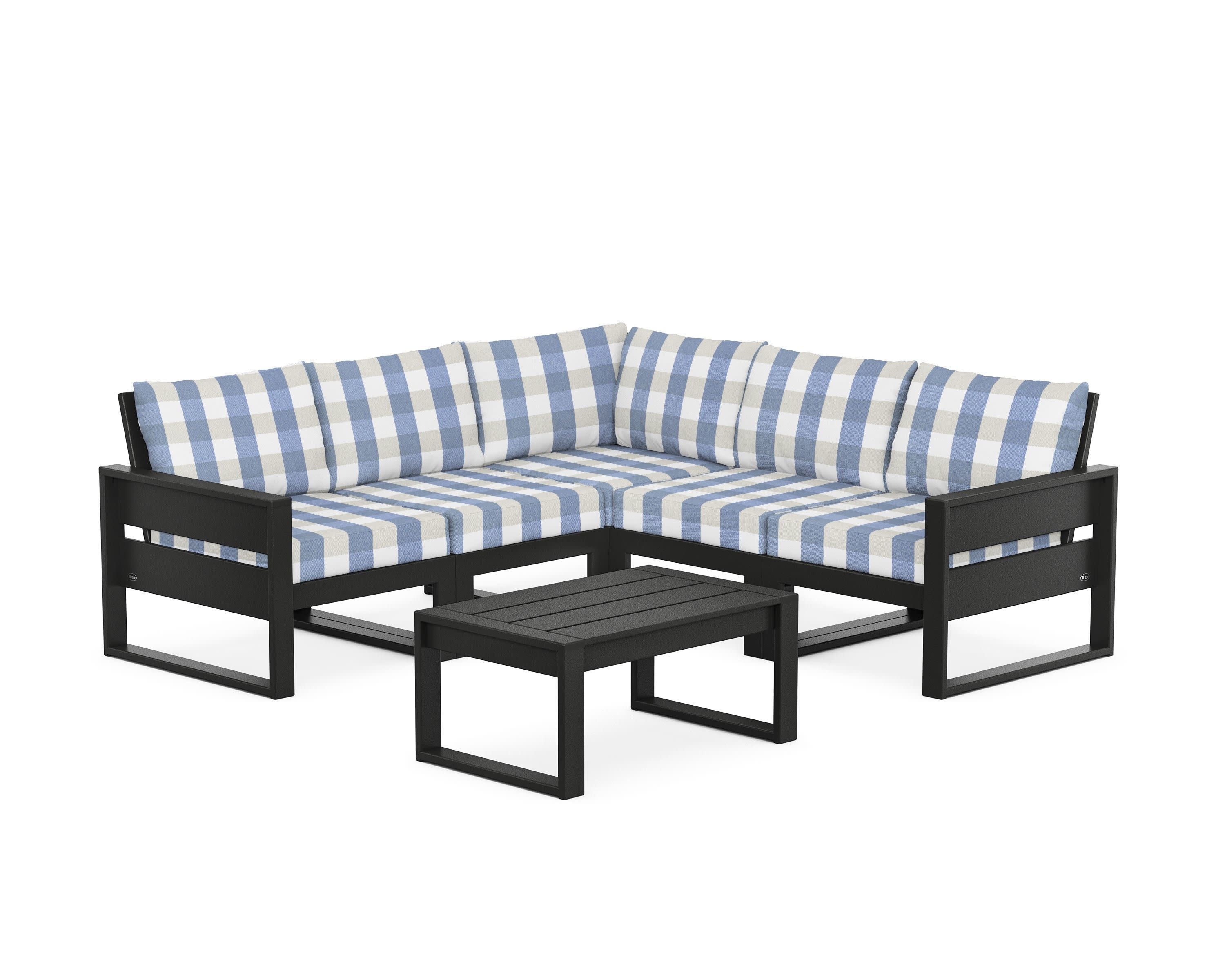 Eastport 6-Piece Deep Seating Sectional + Coffee Table Set in Charcoal Black / Buffalo Plaid Sky Blue