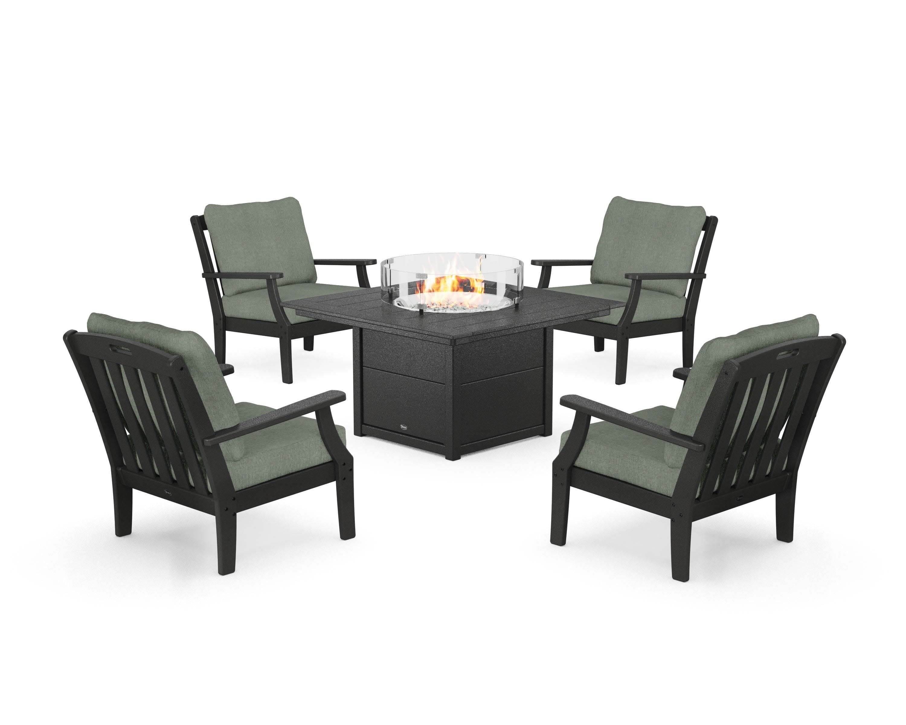 Yacht Club 5-Piece Deep Seating Set with Square Fire Pit Table in Charcoal Black / Cast Sage