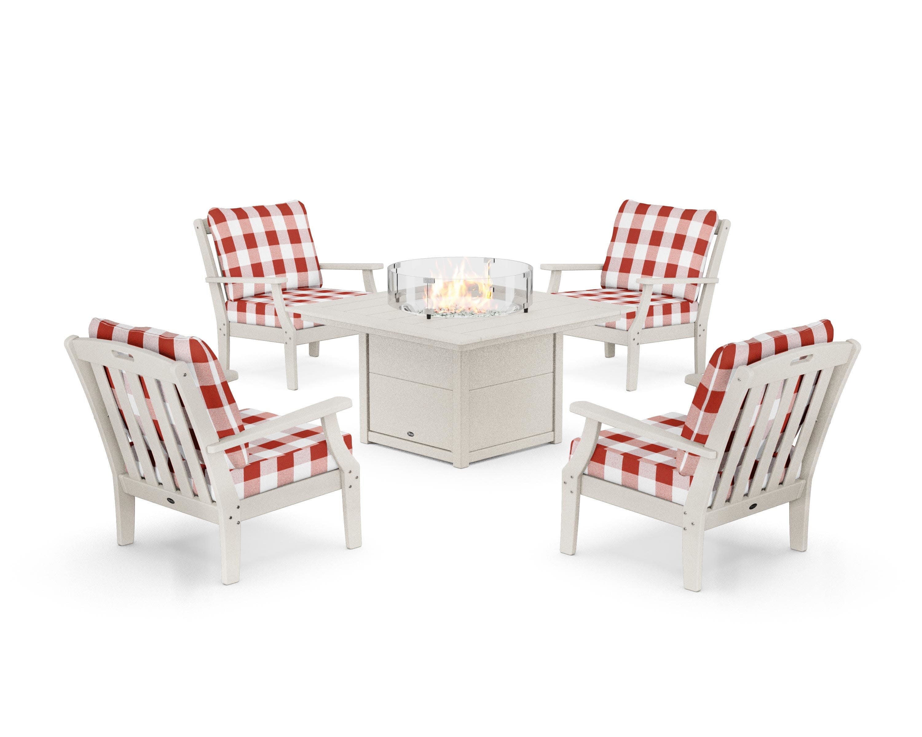 Yacht Club 5-Piece Deep Seating Set with Square Fire Pit Table in Sand Castle / Buffalo Plaid Crimson