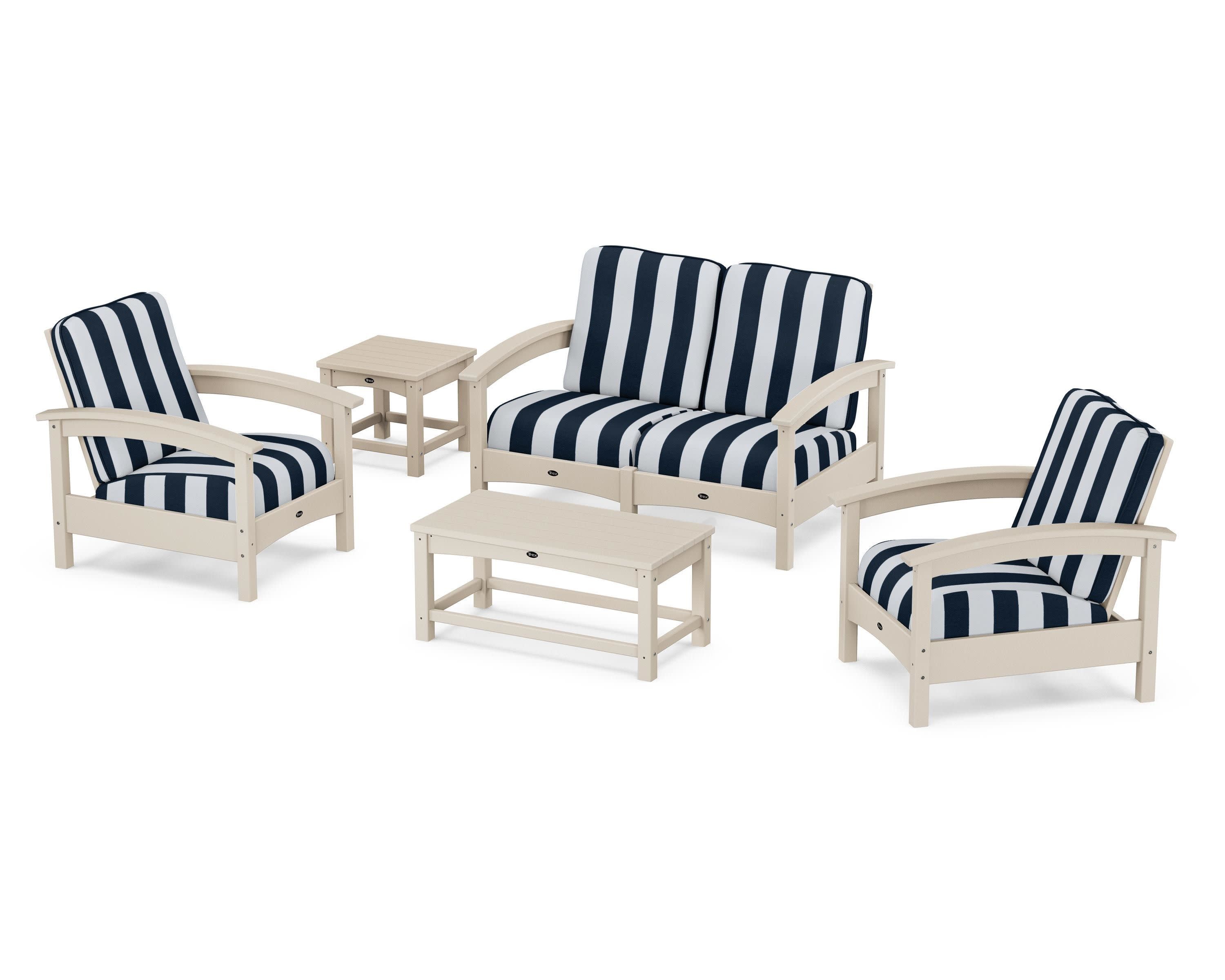 Rockport Club 6-Piece Deep Seating Conversation Set in Sand Castle / Cabana Stripe Marine Indigo