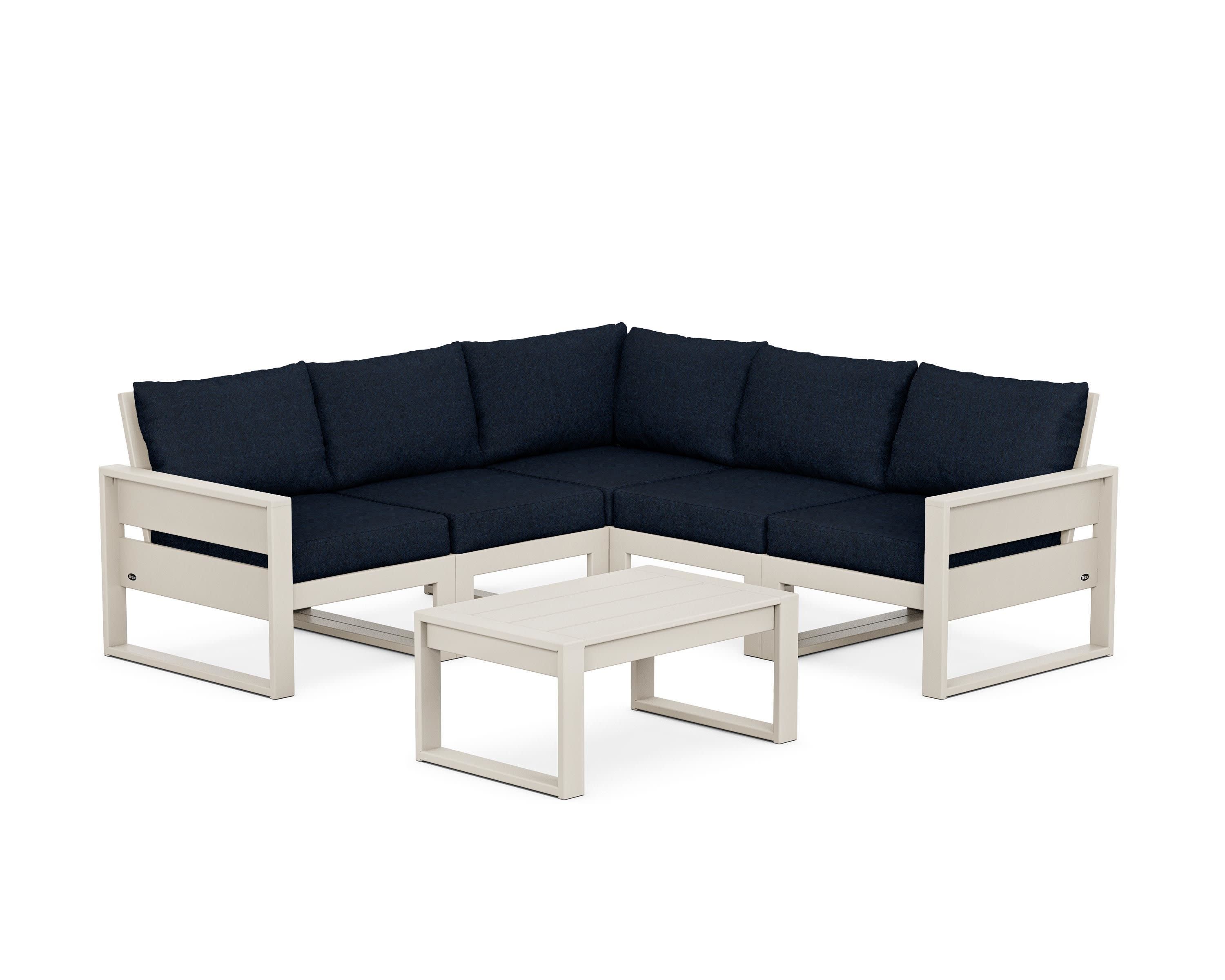 Eastport 6-Piece Deep Seating Sectional + Coffee Table Set in Sand Castle / Marine Indigo