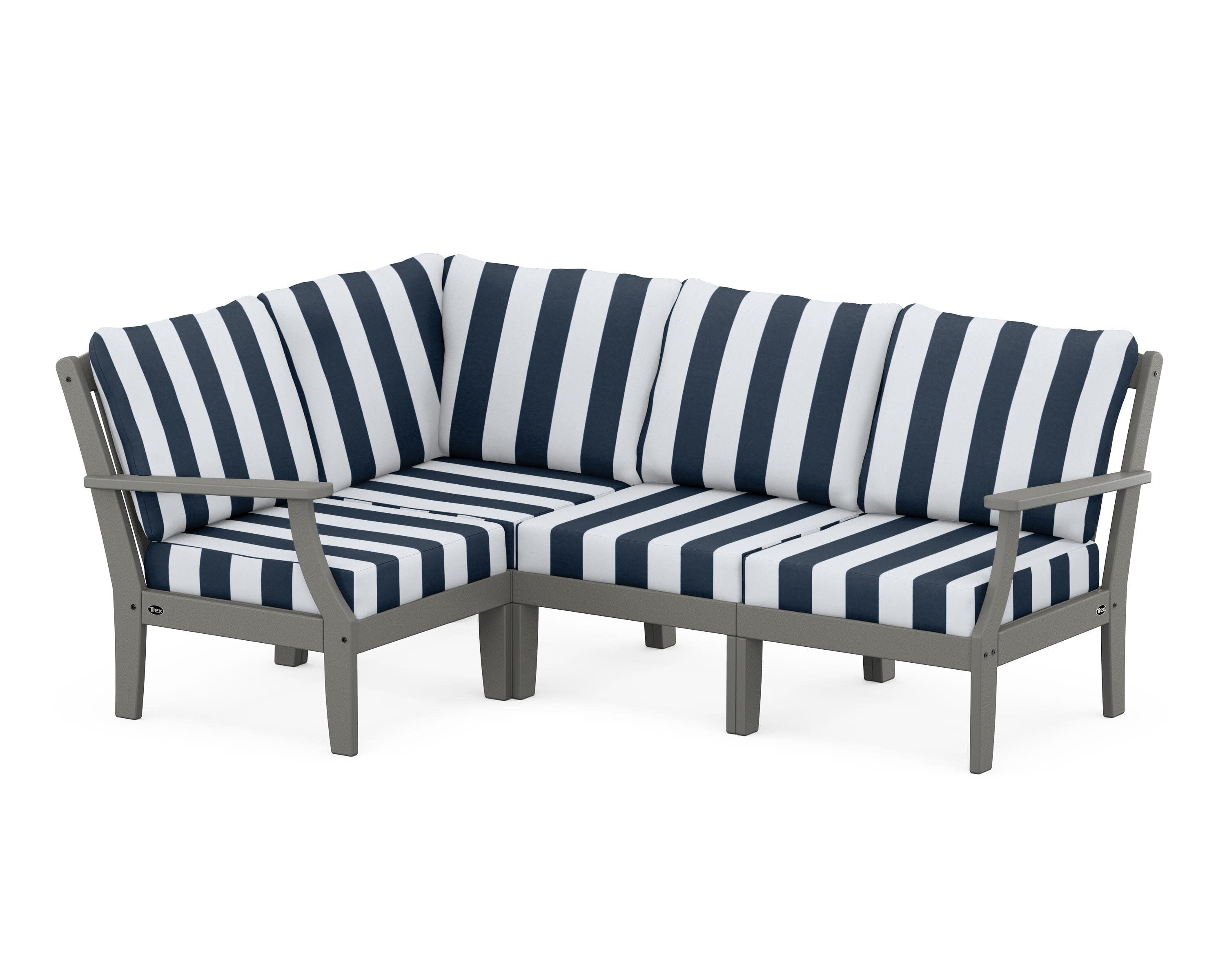 Yacht Club Modular 4-Piece Deep Seating Set in Stepping Stone / Cabana Stripe Marine Indigo