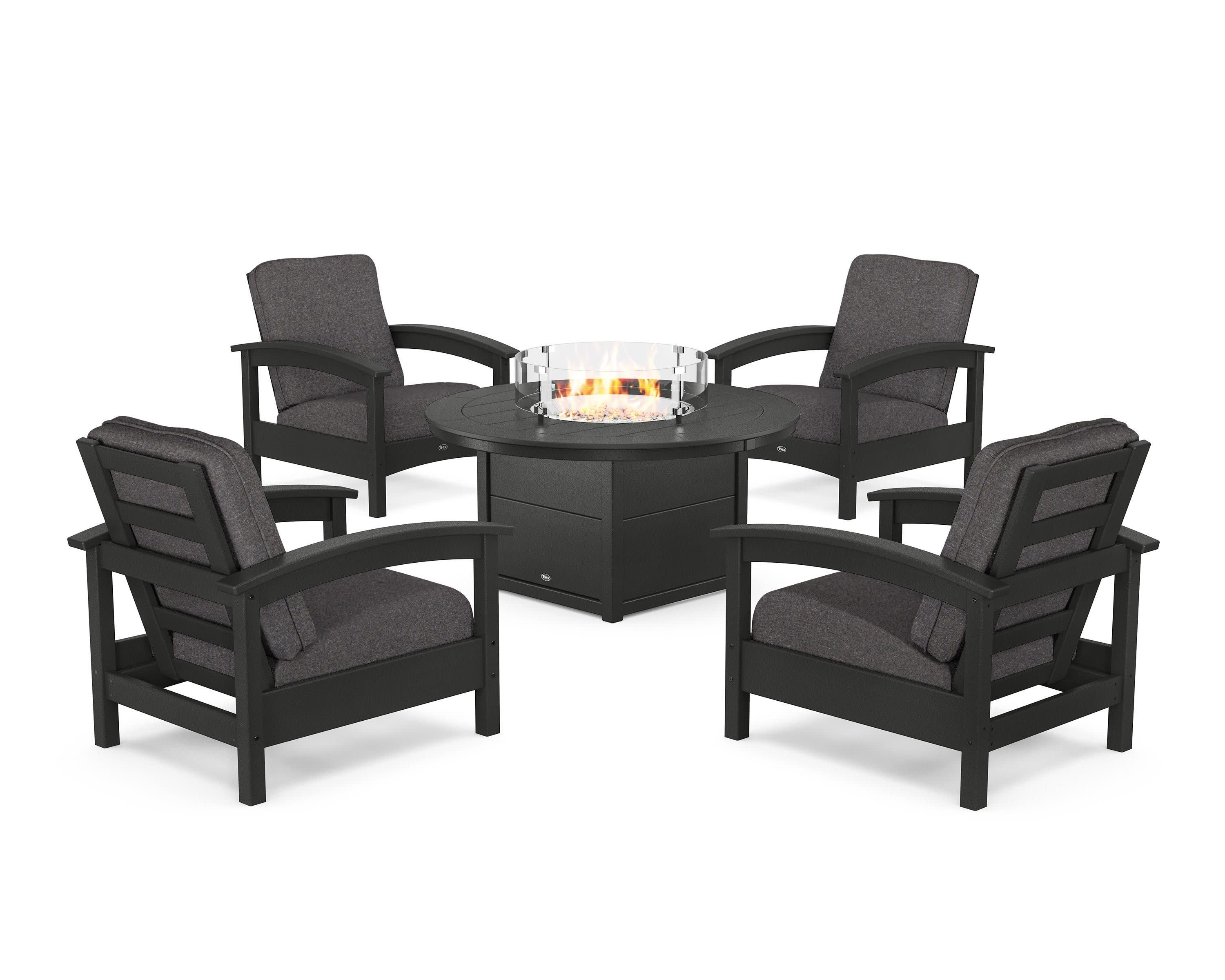 Rockport 5-Piece Deep Seating Set with Round Fire Pit Table in Charcoal Black / Ash Charcoal
