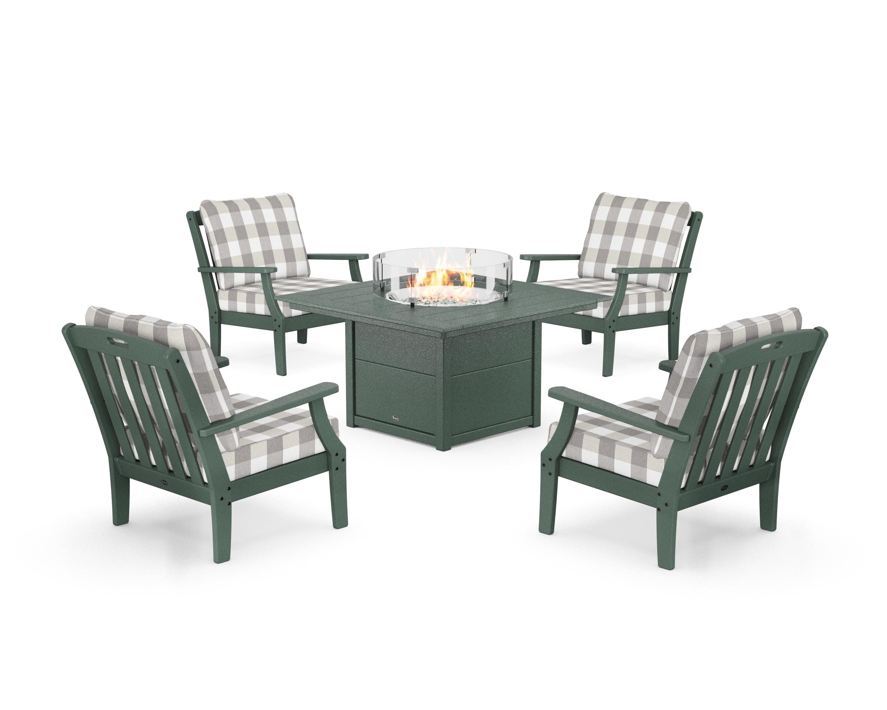 Yacht Club 5-Piece Deep Seating Set with Square Fire Pit Table in Rainforest Canopy / Buffalo Plaid Grey Mist
