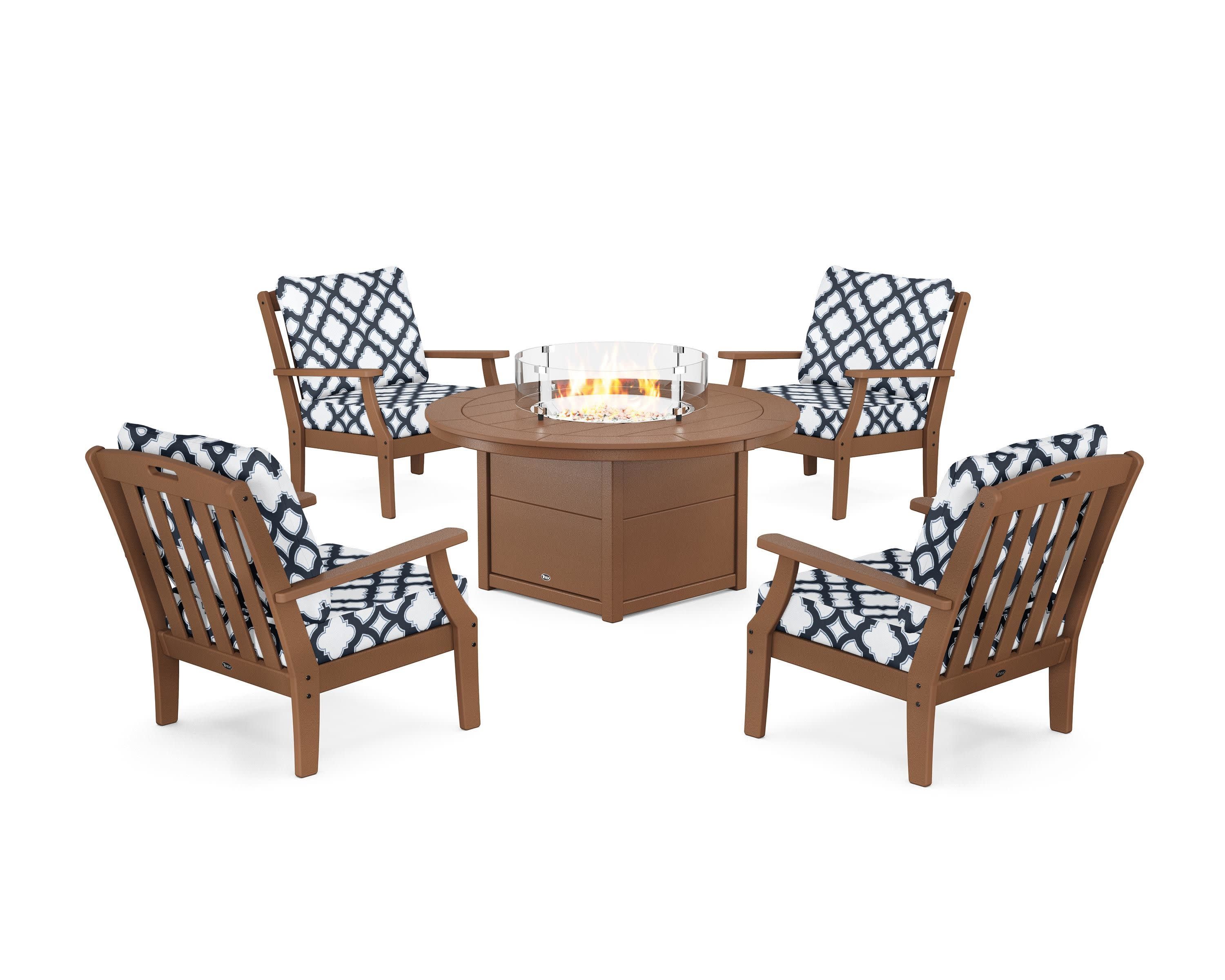 Yacht Club 5-Piece Deep Seating Set with Round Fire Pit Table in Tree House / Trellis Marine Indigo