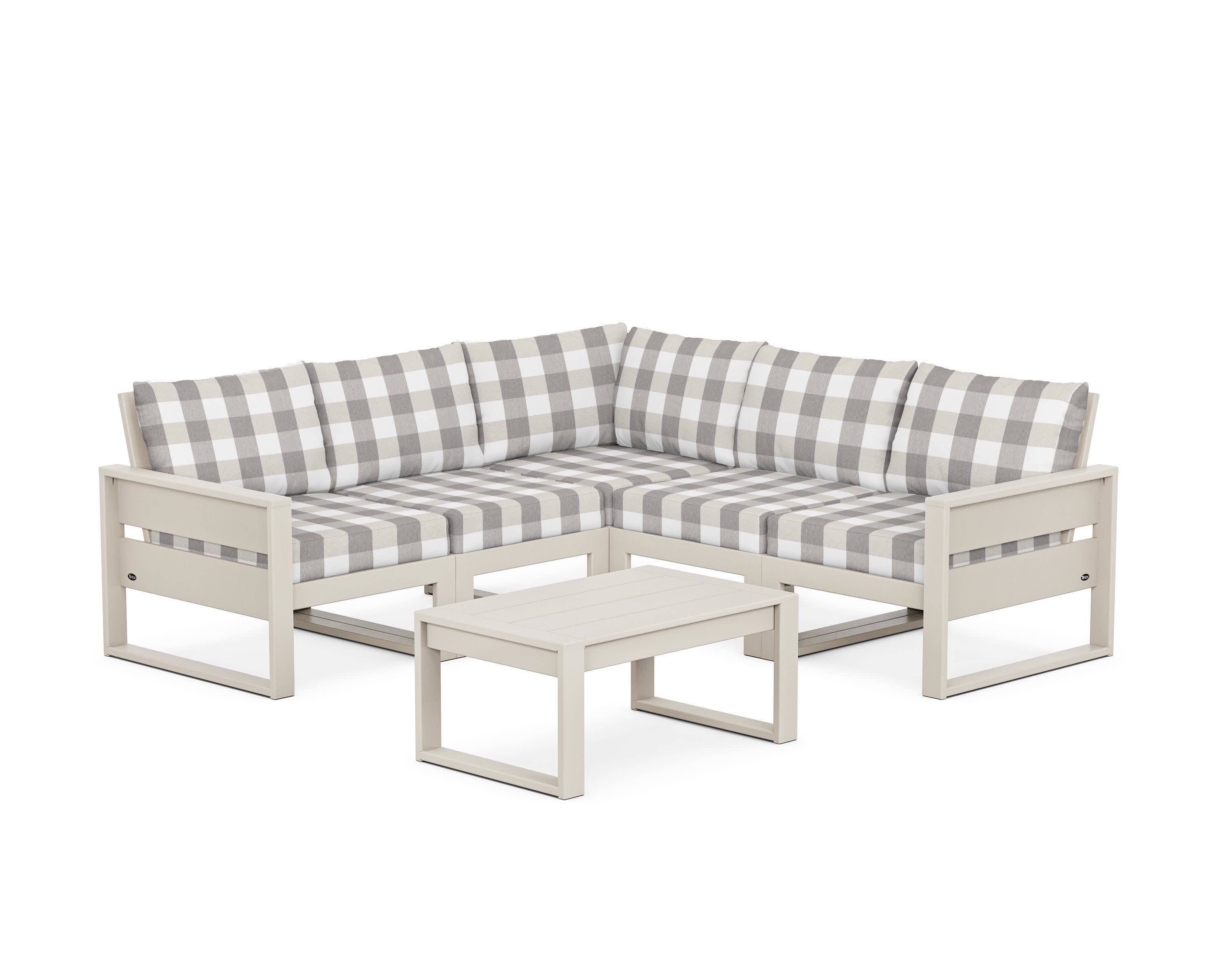 Eastport 6-Piece Deep Seating Sectional + Coffee Table Set in Sand Castle / Buffalo Plaid Grey Mist