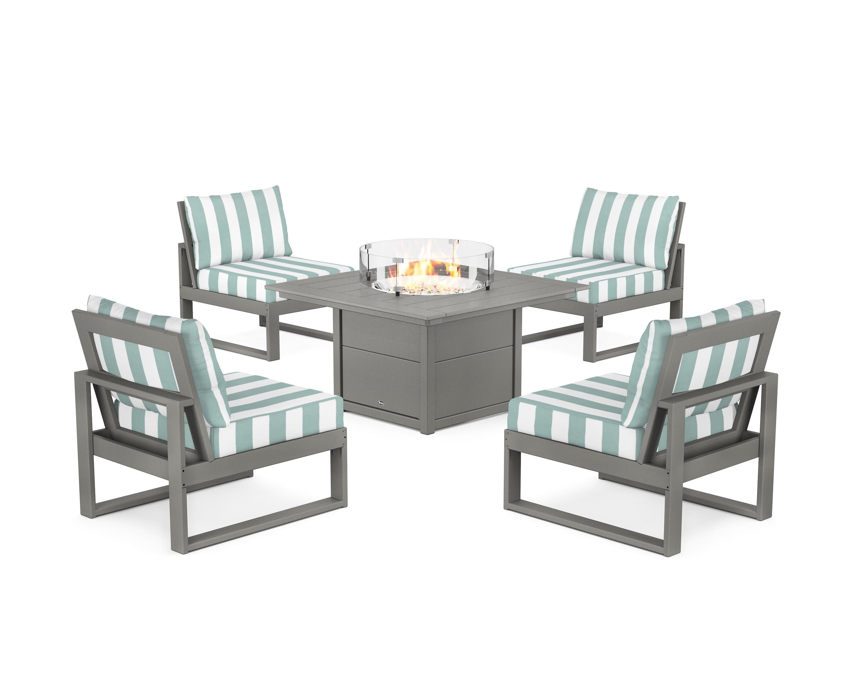 Eastport Modular 5-Piece Deep Seating Set with Square Fire Pit Table in Stepping Stone / Cabana Stripe Glacier Spa