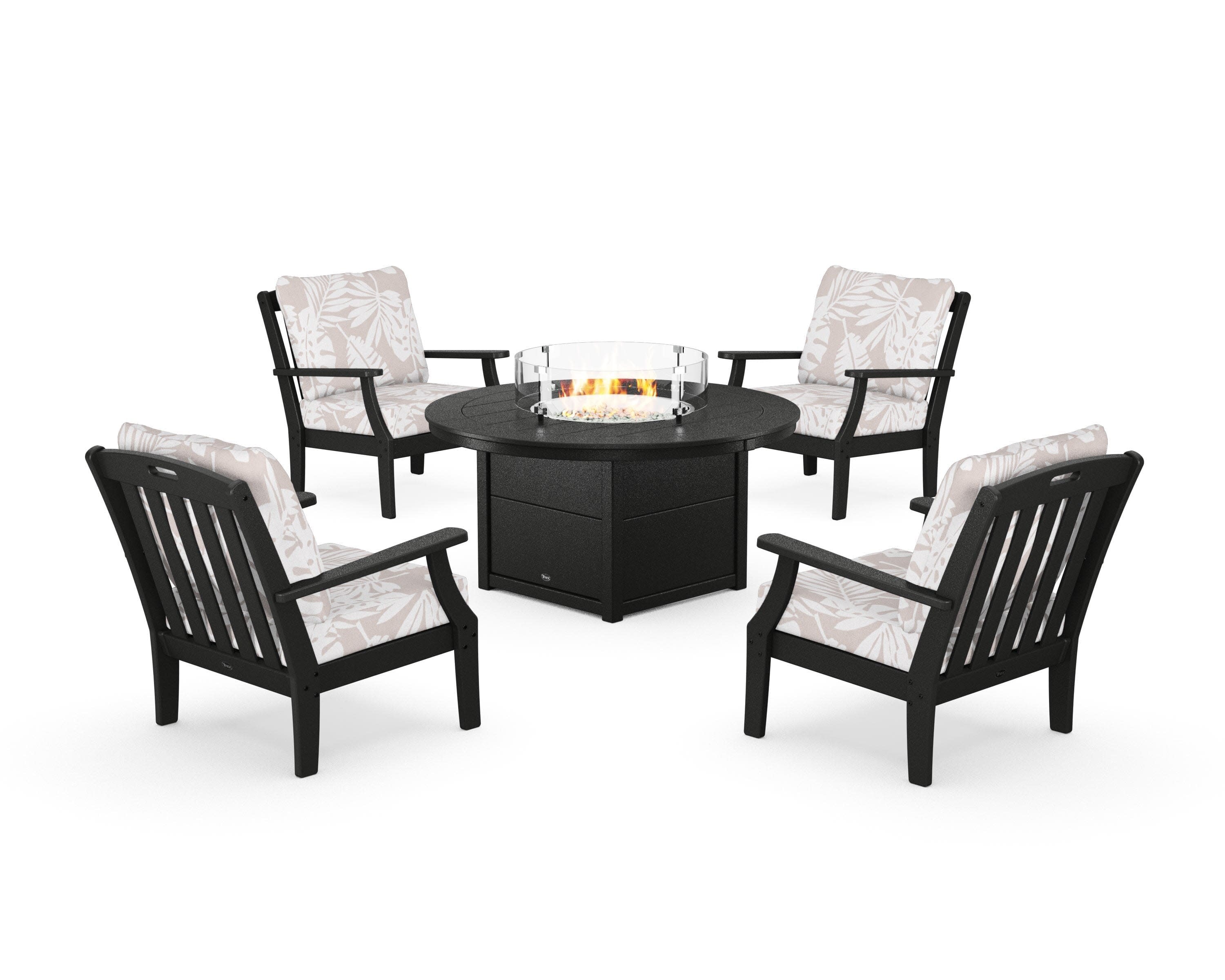 Yacht Club 5-Piece Deep Seating Set with Round Fire Pit Table in Charcoal Black / Leaf Dune Burlap