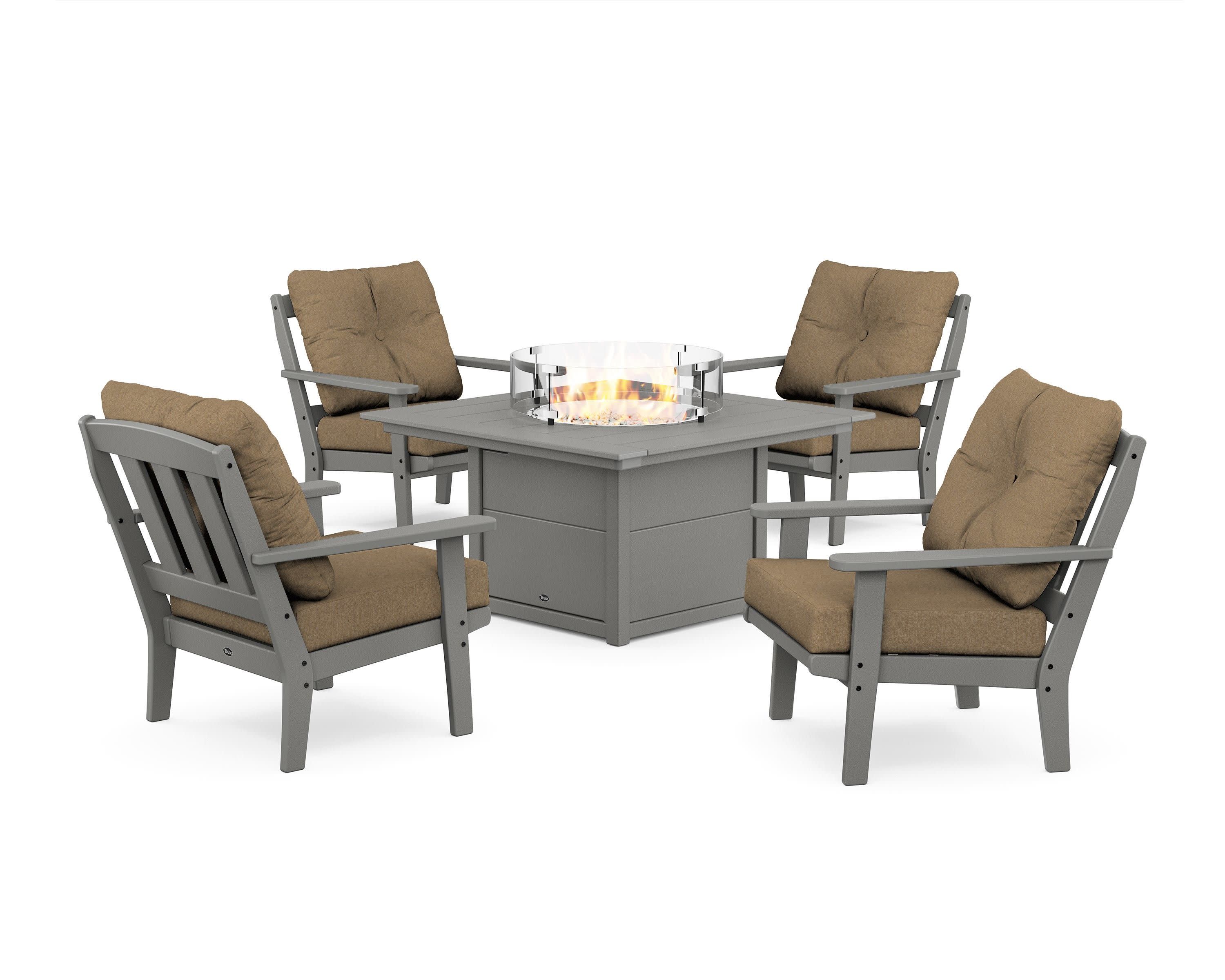 Cape Cod 5-Piece Deep Seating Set with Fire Pit Table in Stepping Stone / Sesame