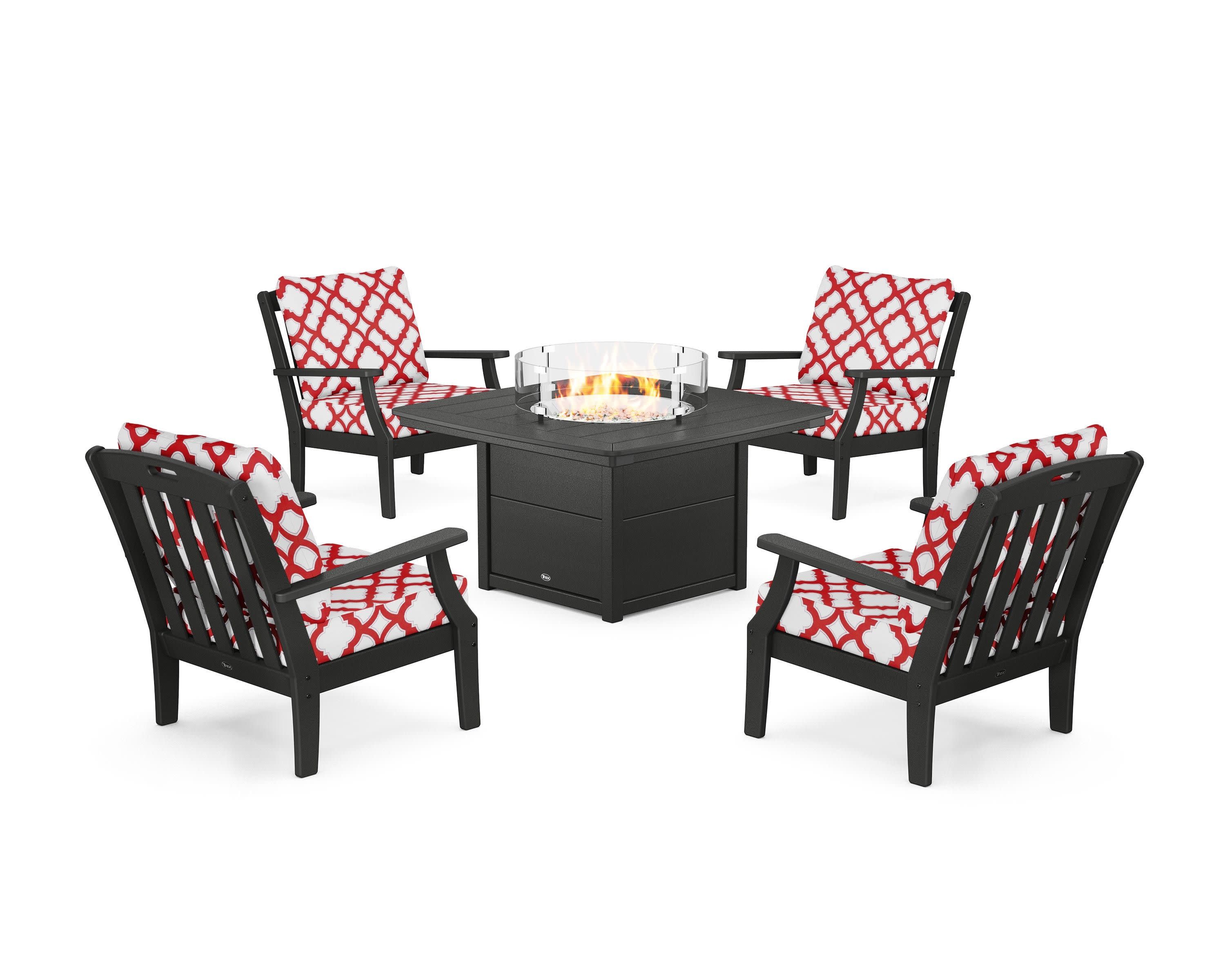 Yacht Club 5-Piece Deep Seating Set with Fire Pit Table in Charcoal Black / Trellis Crimson