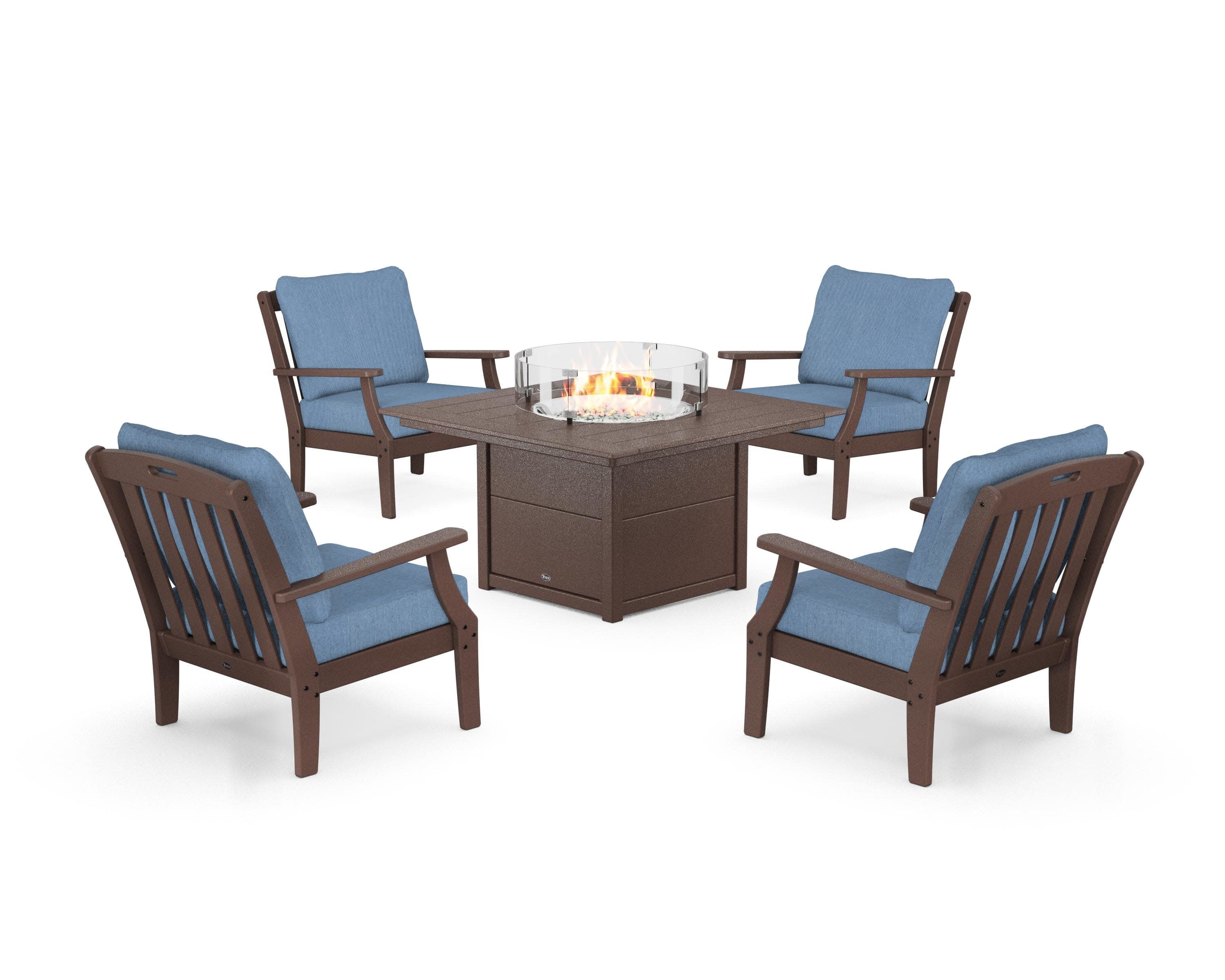 Yacht Club 5-Piece Deep Seating Set with Square Fire Pit Table in Vintage Lantern / Sky Blue