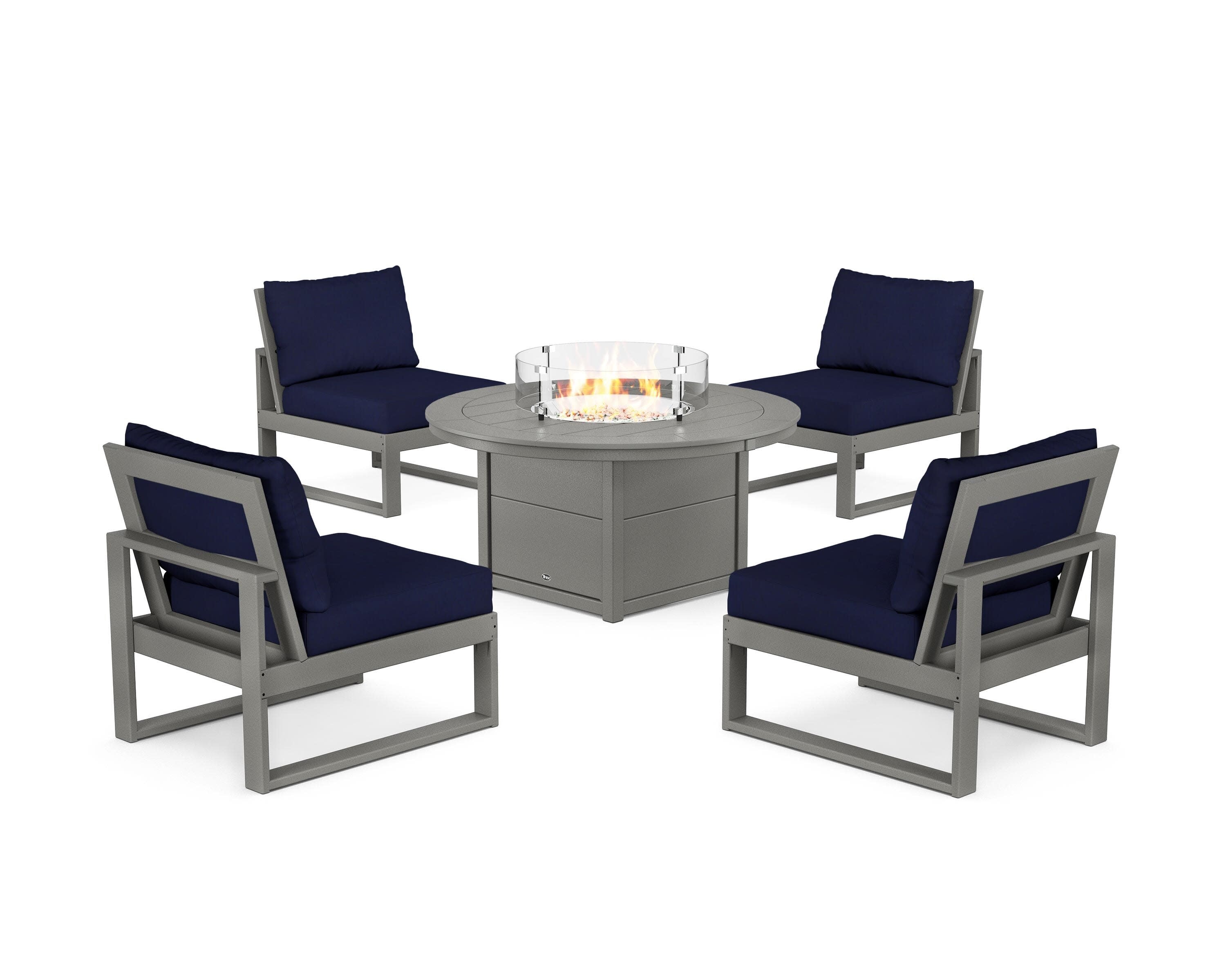 Eastport Modular 5-Piece Deep Seating Set with Round Fire Pit Table in Stepping Stone / Navy