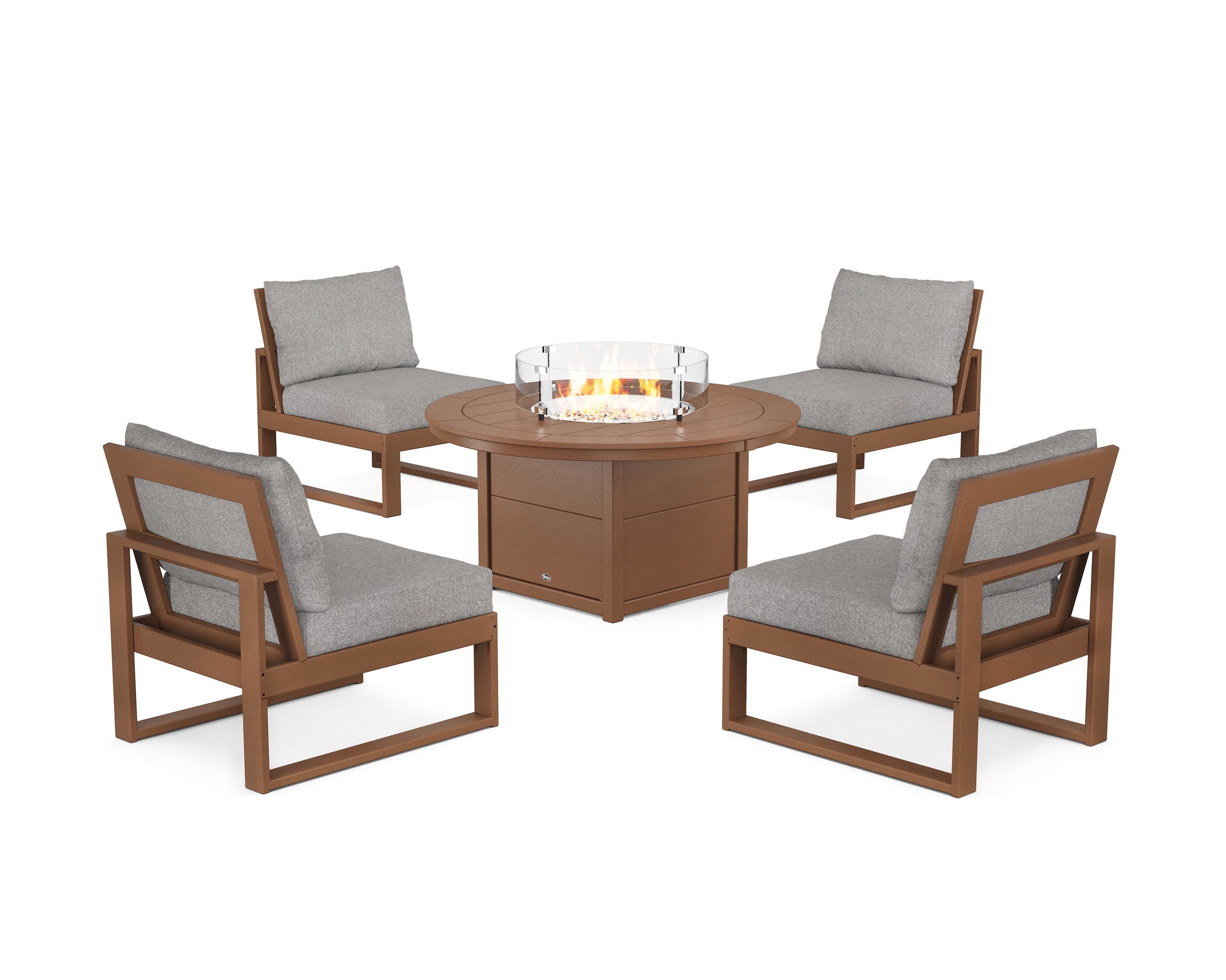 Eastport Modular 5-Piece Deep Seating Set with Round Fire Pit Table in Tree House / Grey Mist