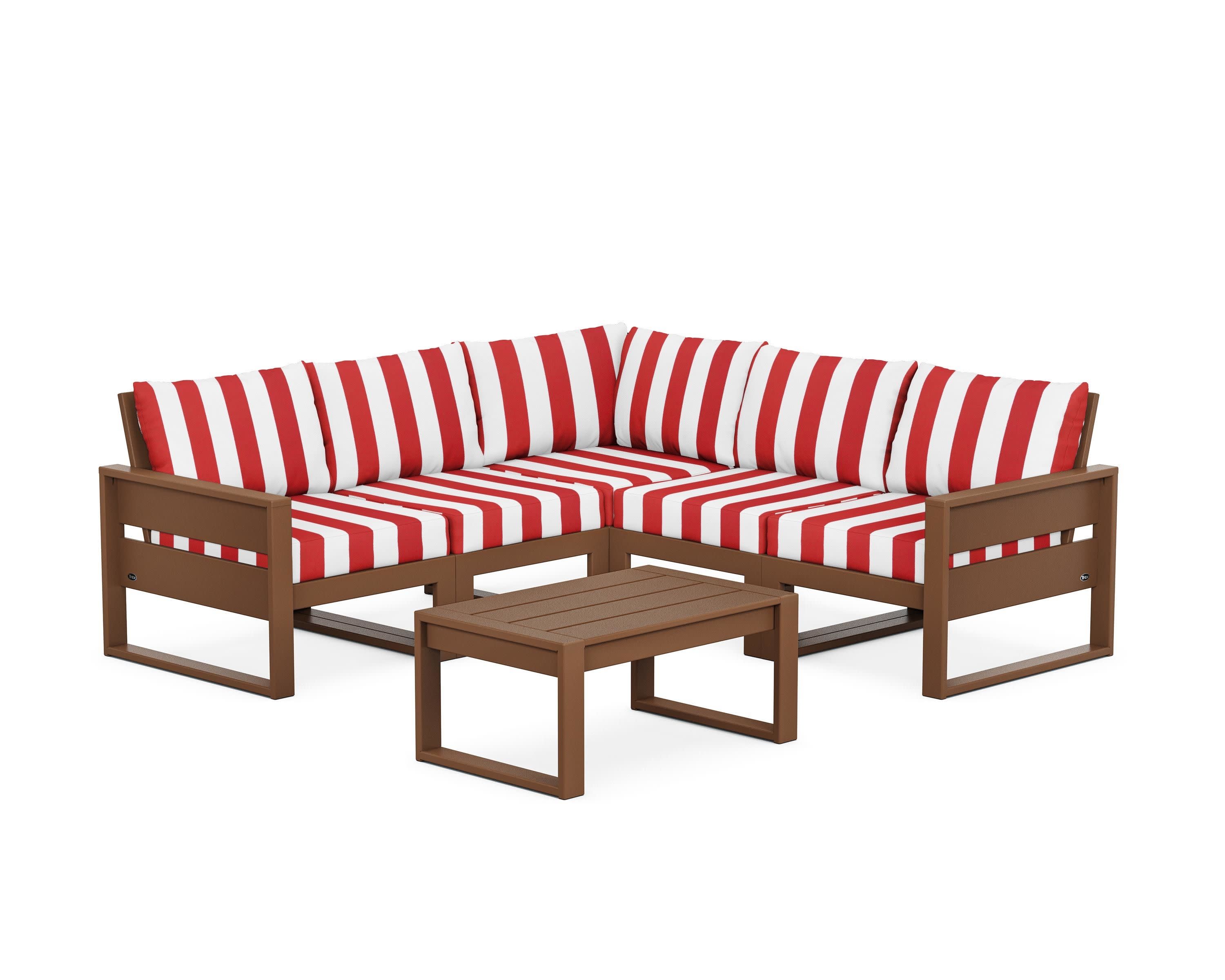 Eastport 6-Piece Deep Seating Sectional + Coffee Table Set in Tree House / Cabana Stripe Crimson