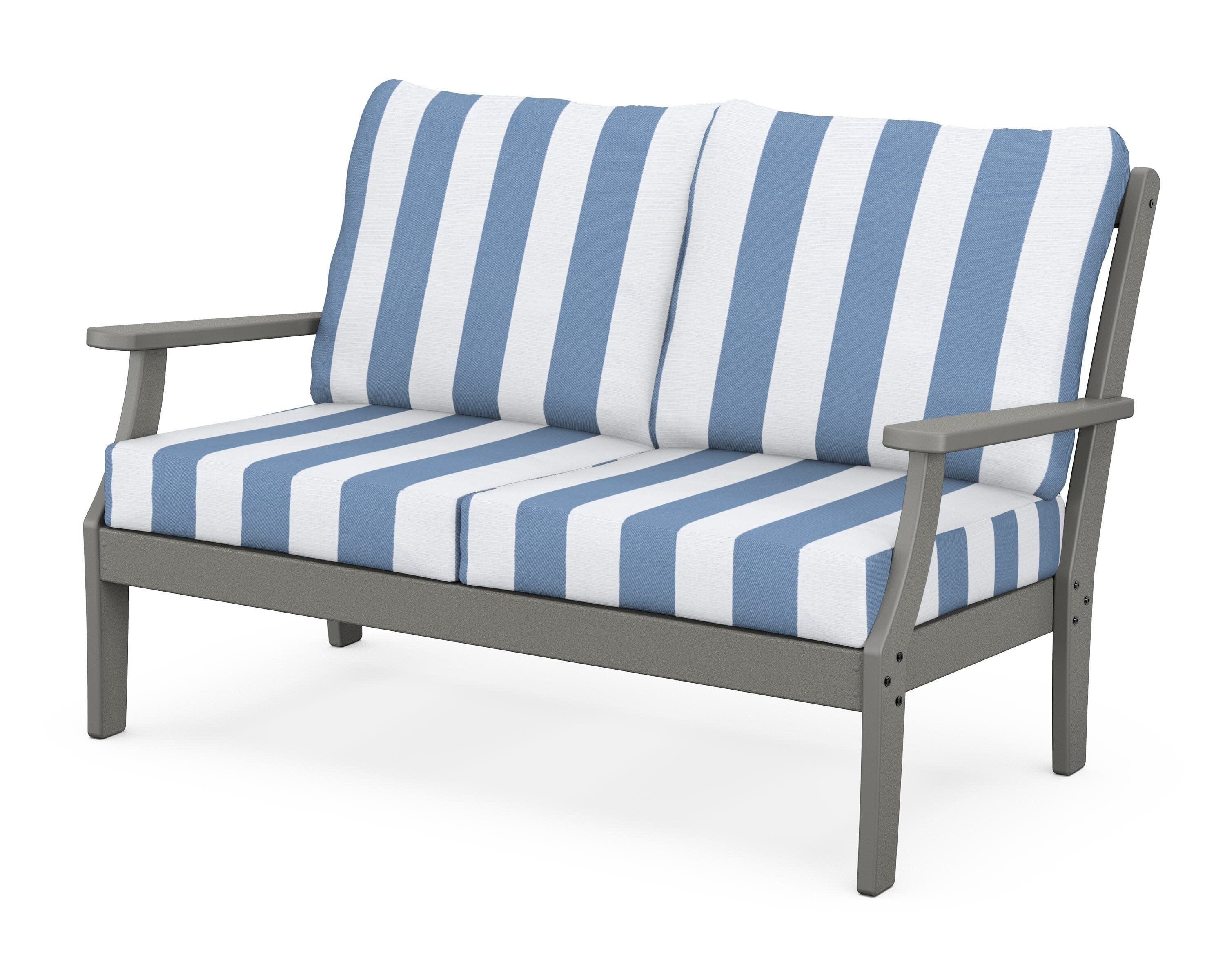 Yacht Club Deep Seating Loveseat in Stepping Stone / Cabana Stripe Sky Blue