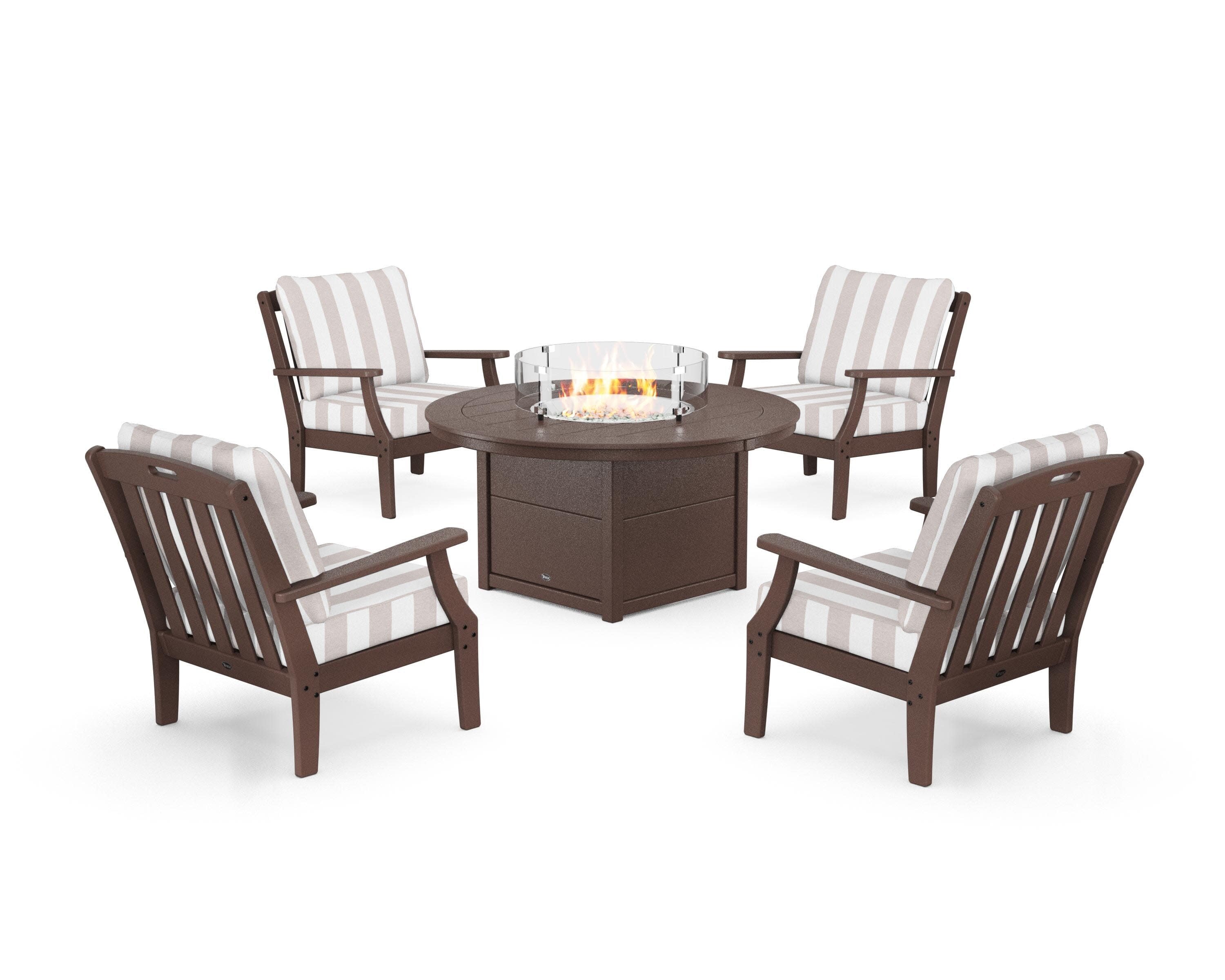 Yacht Club 5-Piece Deep Seating Set with Round Fire Pit Table in Vintage Lantern / Cabana Stripe Dune Burlap