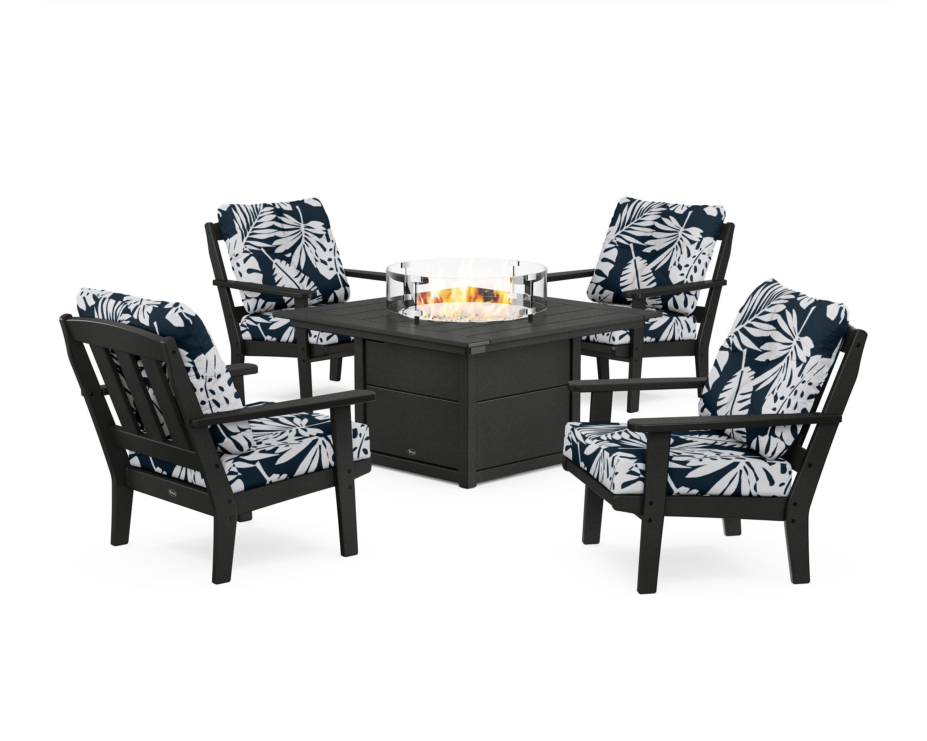 Cape Cod 5-Piece Deep Seating Set with Fire Pit Table in Charcoal Black / Leaf Marine Indigo