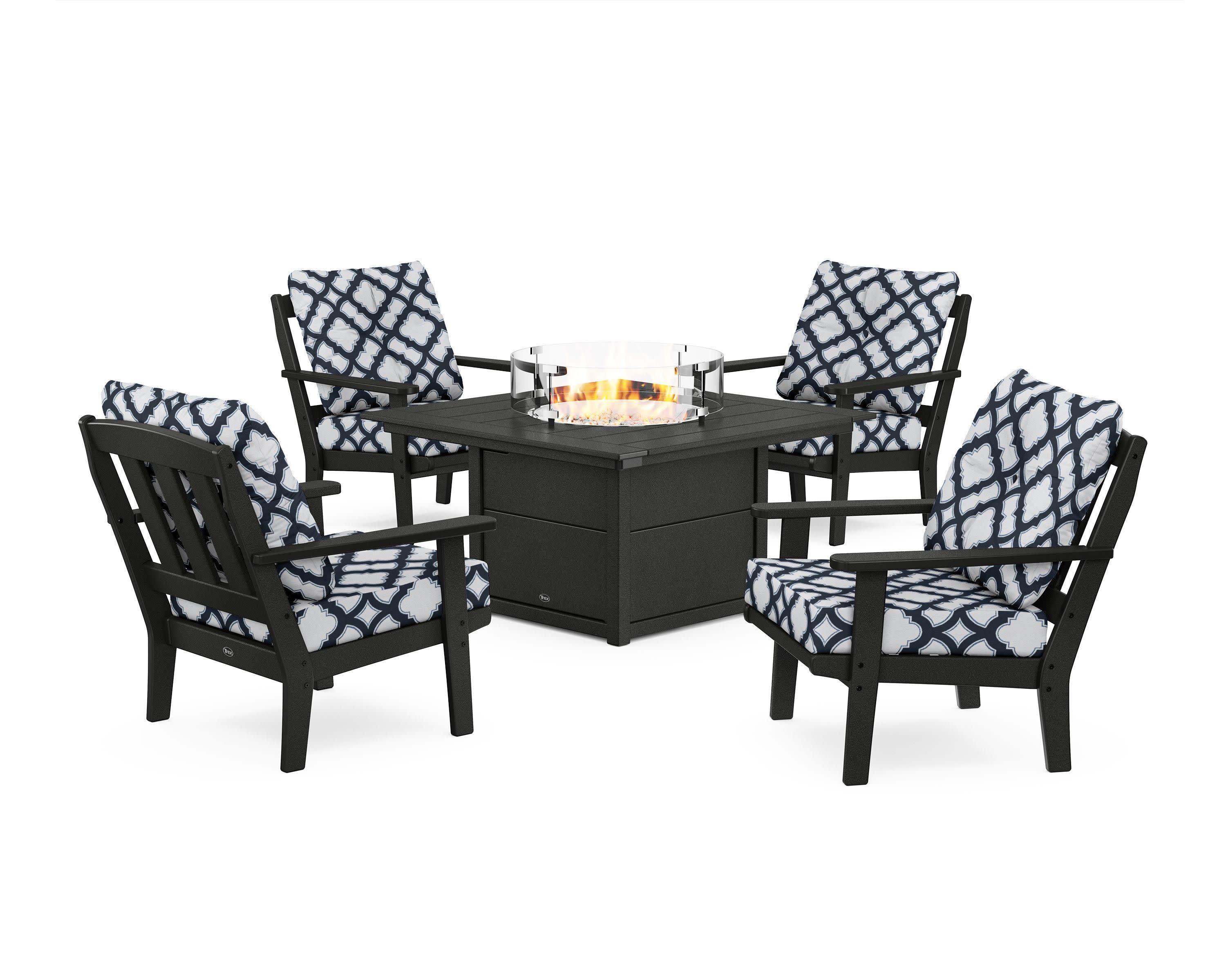 Cape Cod 5-Piece Deep Seating Set with Fire Pit Table in Charcoal Black / Trellis Marine Indigo