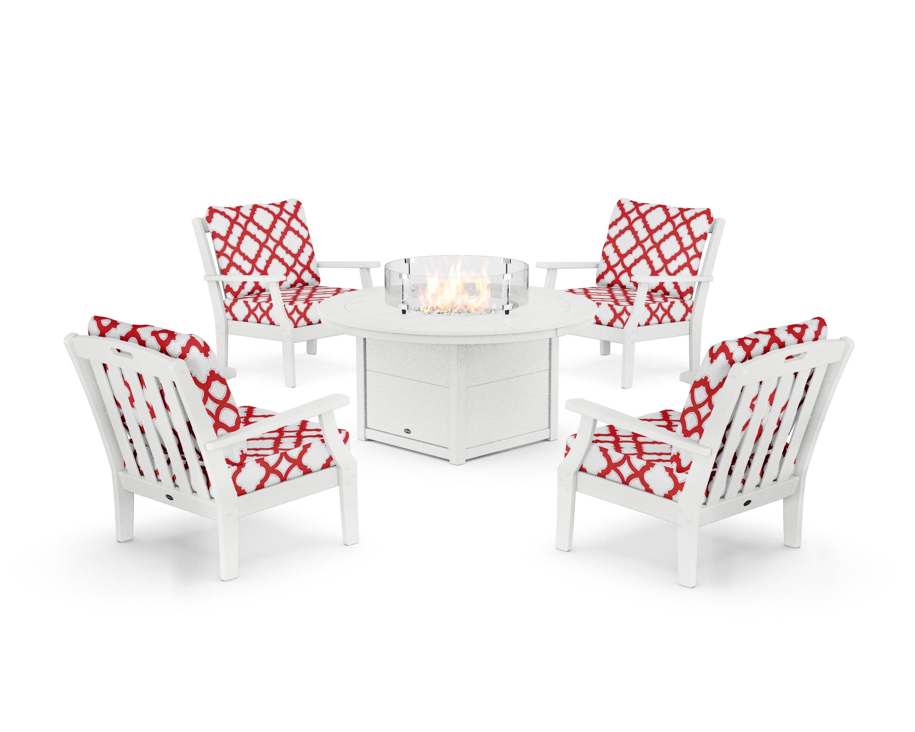 Yacht Club 5-Piece Deep Seating Set with Round Fire Pit Table in Classic White / Trellis Crimson