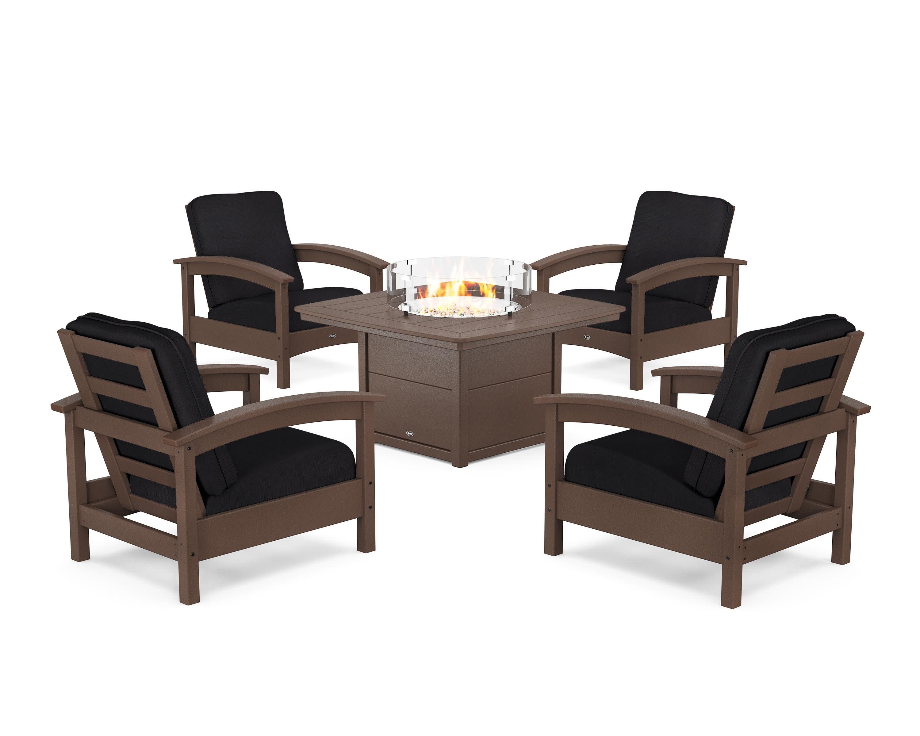 Rockport 5-Piece Deep Seating Set with Yacht Club Fire Pit Table in Vintage Lantern / Midnight Linen