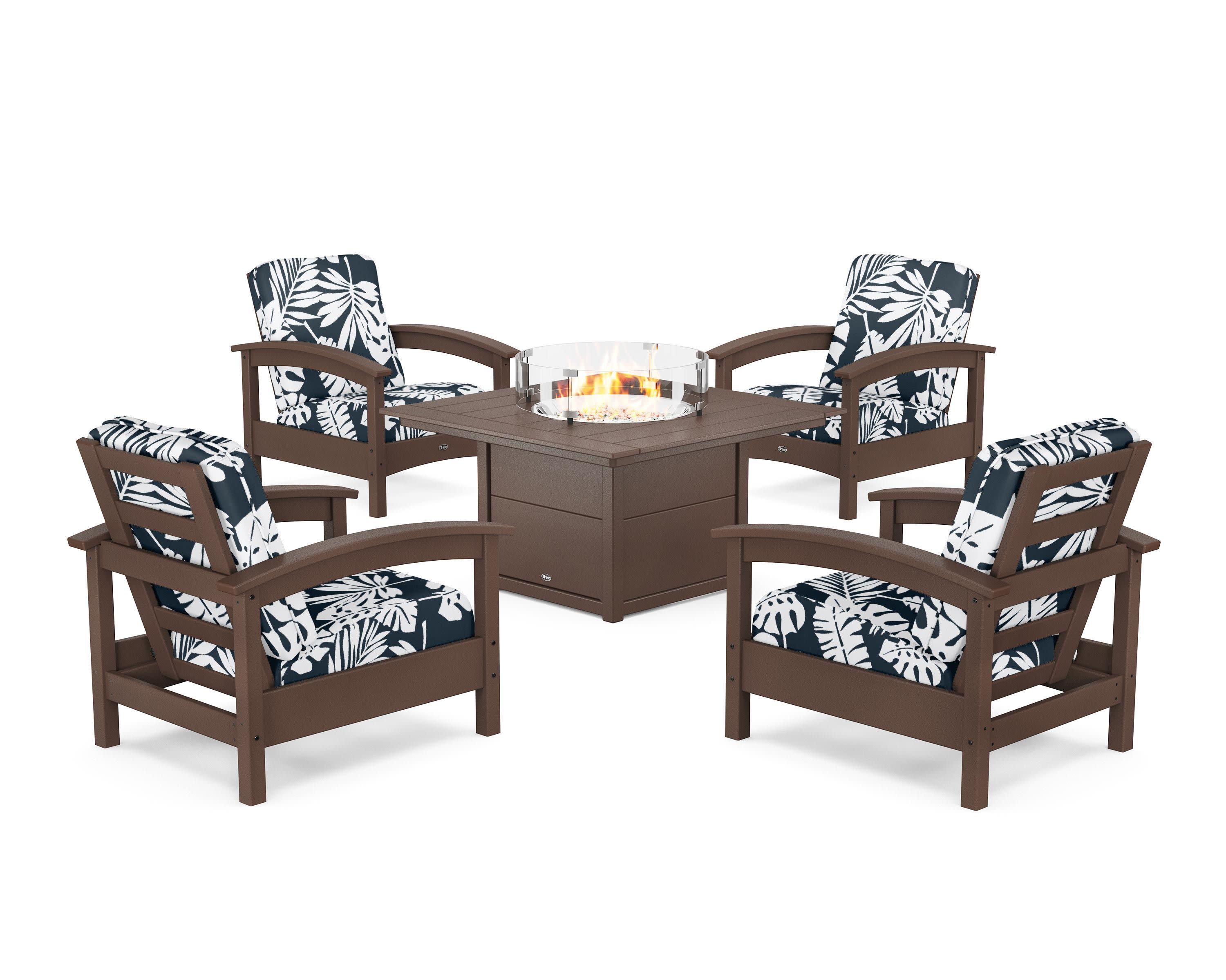 Rockport 5-Piece Deep Seating Set with Square Fire Pit Table in Vintage Lantern / Leaf Marine Indigo