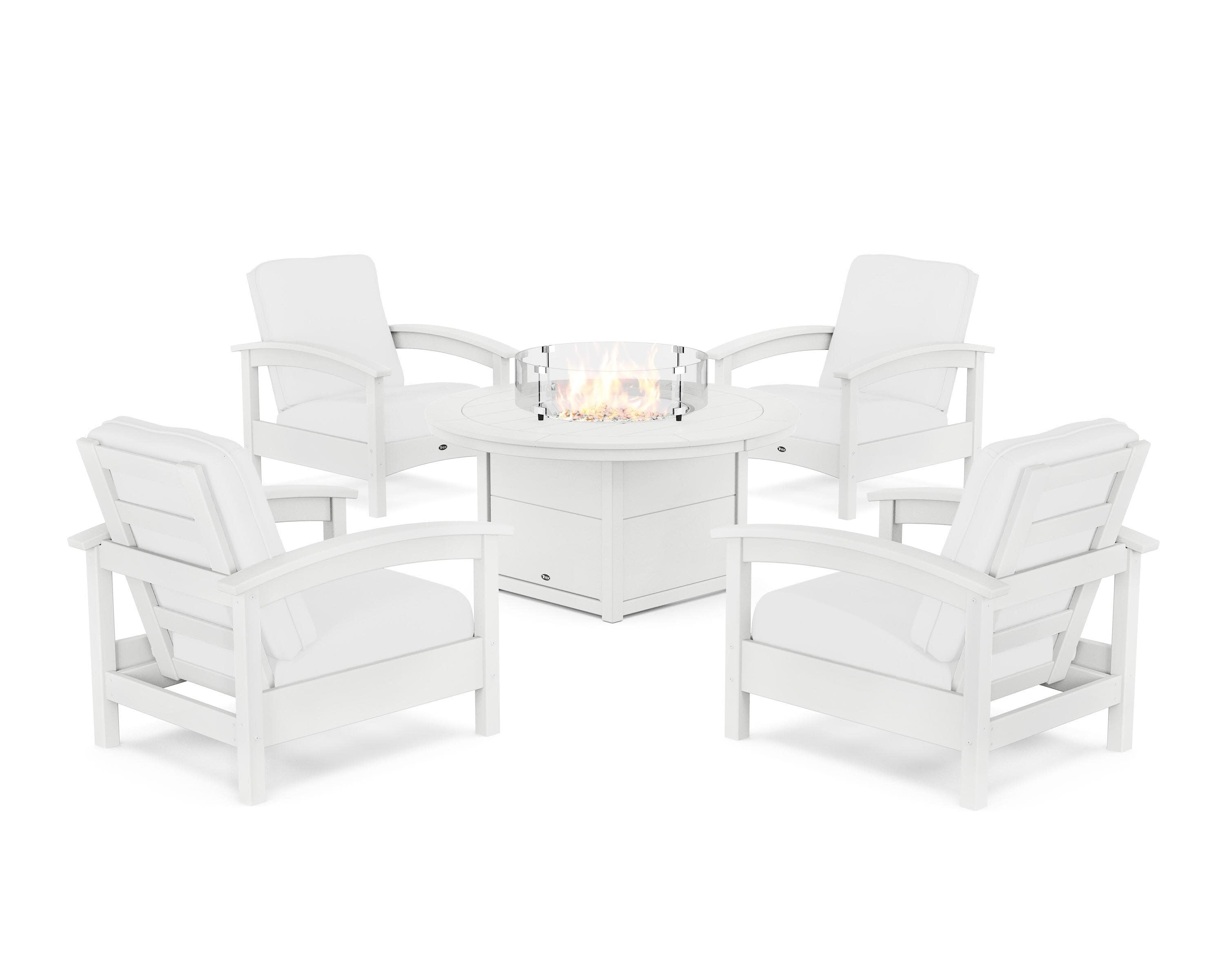 Rockport 5-Piece Deep Seating Set with Round Fire Pit Table in Classic White / Natural