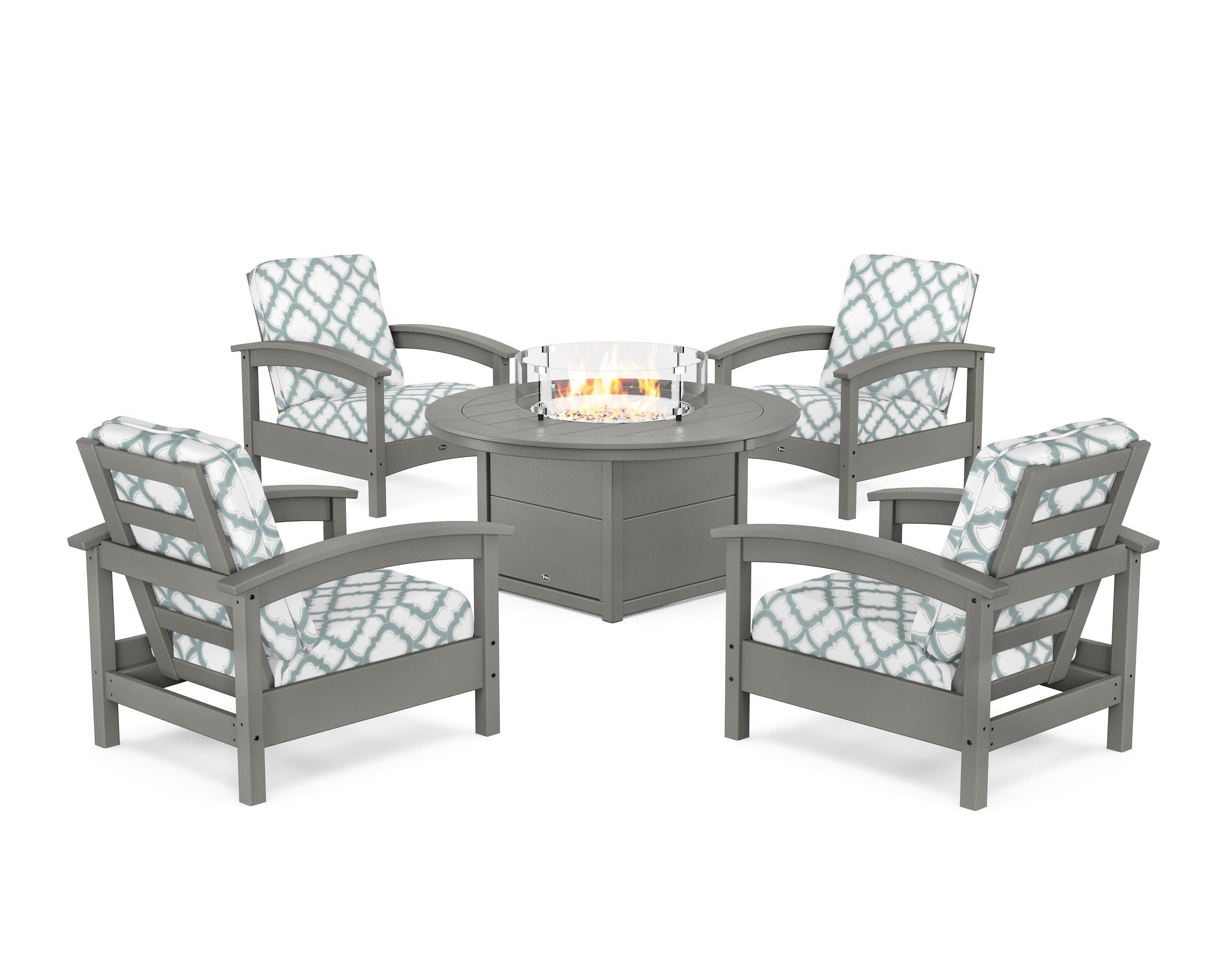 Rockport 5-Piece Deep Seating Set with Round Fire Pit Table in Stepping Stone / Trellis Glacier Spa
