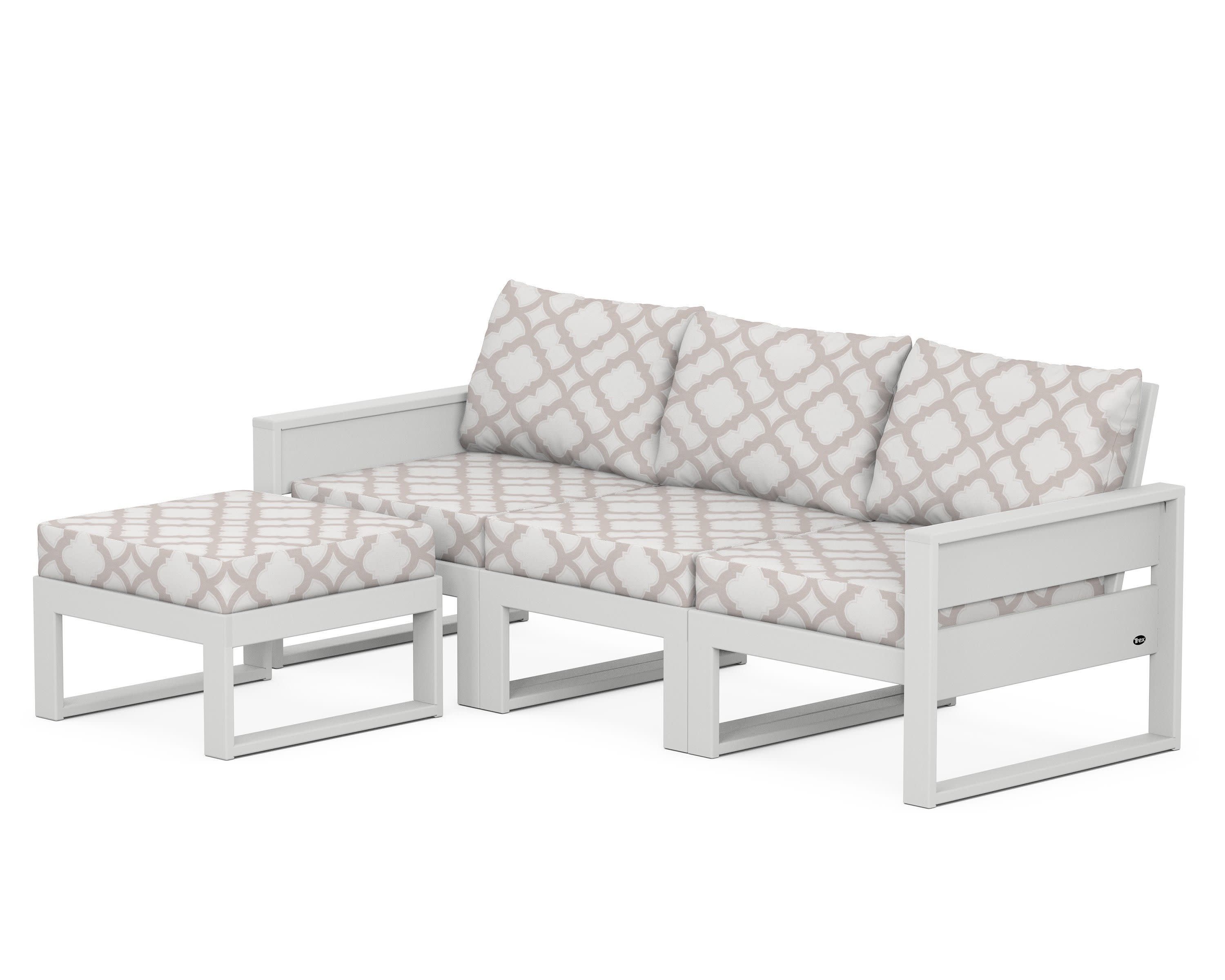 Eastport 4- Piece Sectional with Ottoman in Classic White / Trellis Dune Burlap