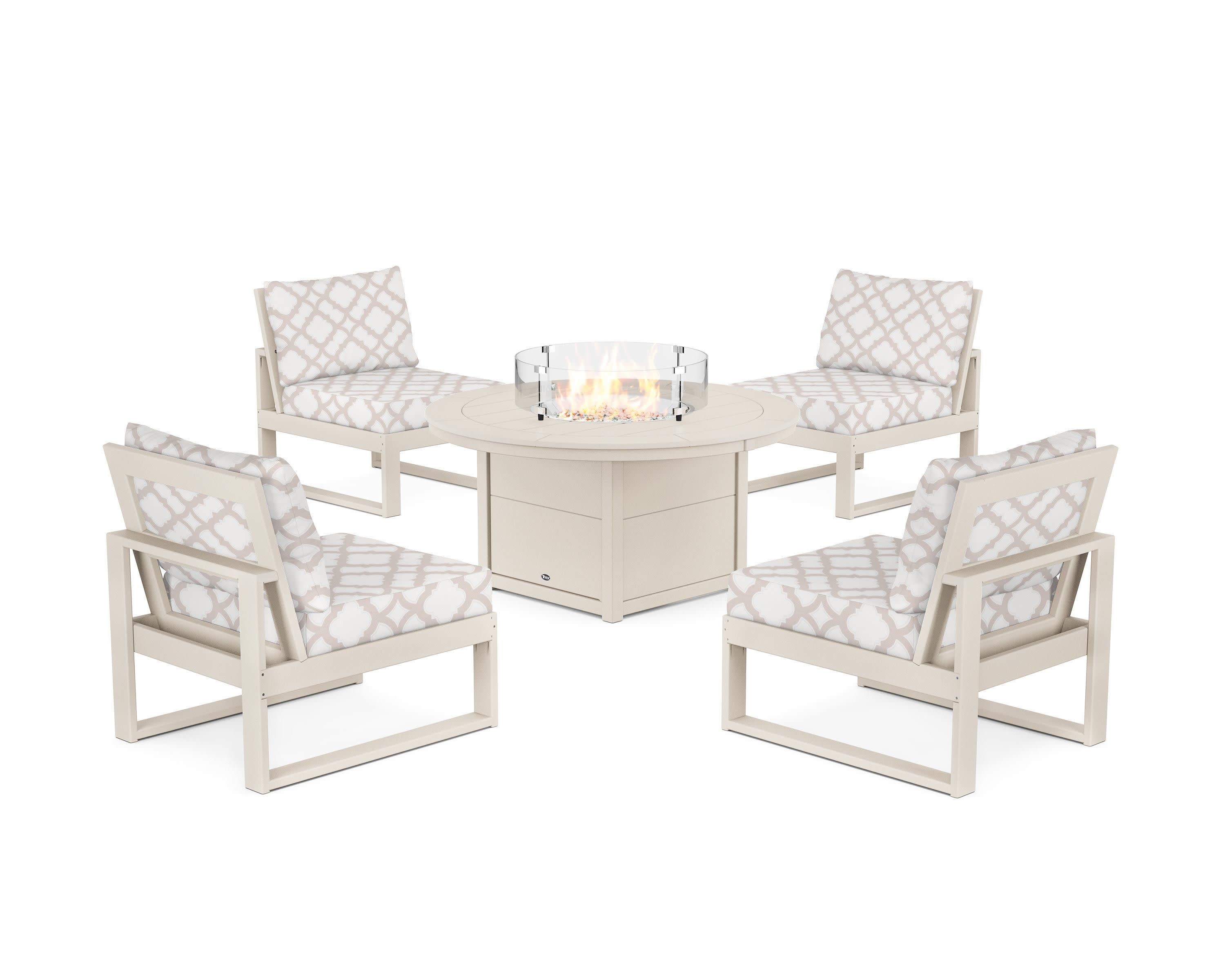 Eastport Modular 5-Piece Deep Seating Set with Round Fire Pit Table in Sand Castle / Trellis Dune Burlap