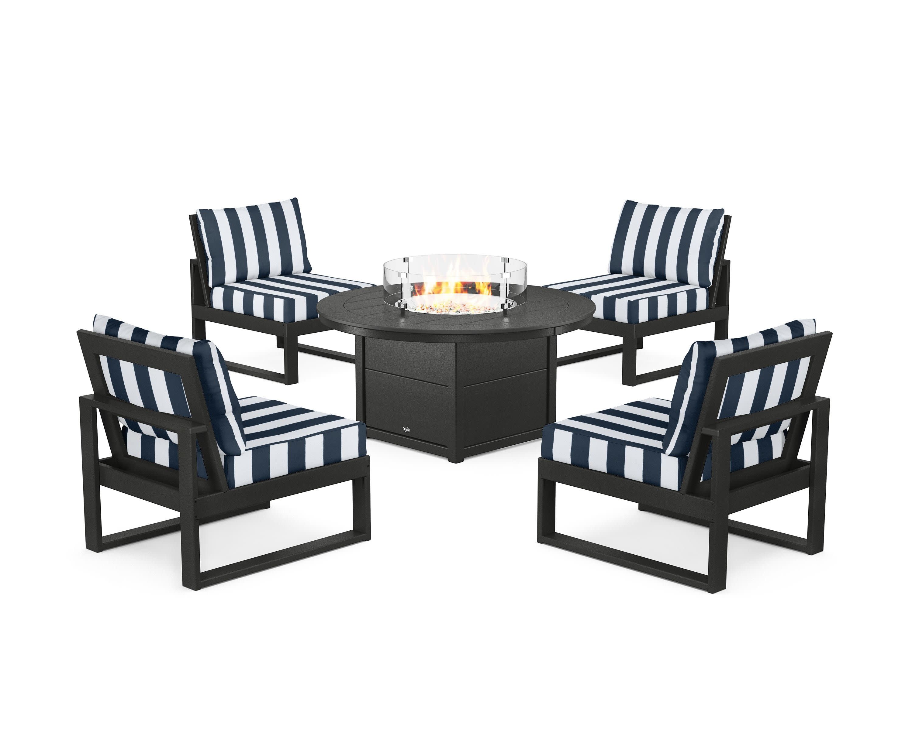 Eastport Modular 5-Piece Deep Seating Set with Round Fire Pit Table in Charcoal Black / Cabana Stripe Marine Indigo