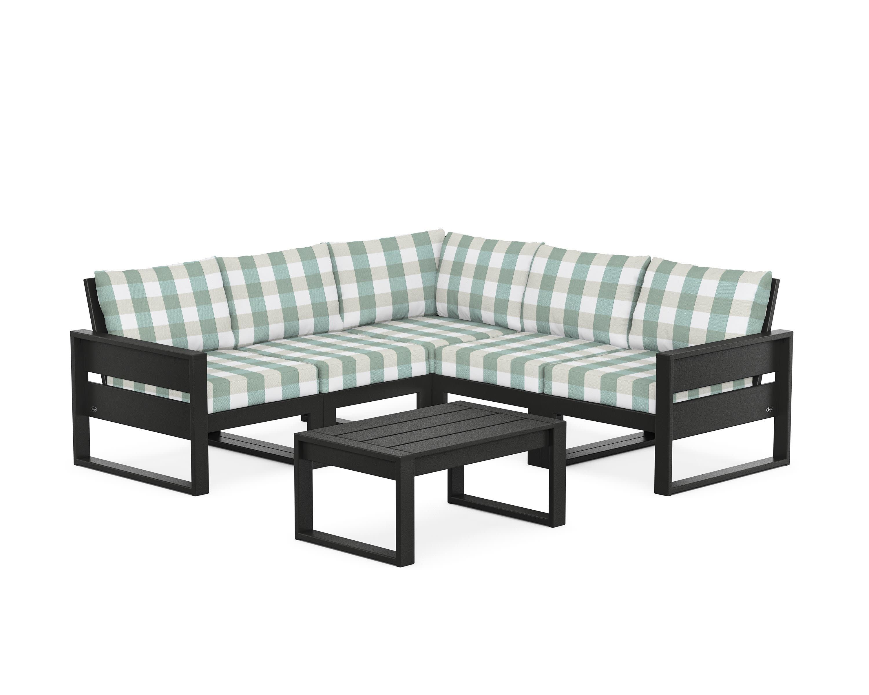 Eastport 6-Piece Deep Seating Sectional + Coffee Table Set in Charcoal Black / Buffalo Plaid Glacier Spa