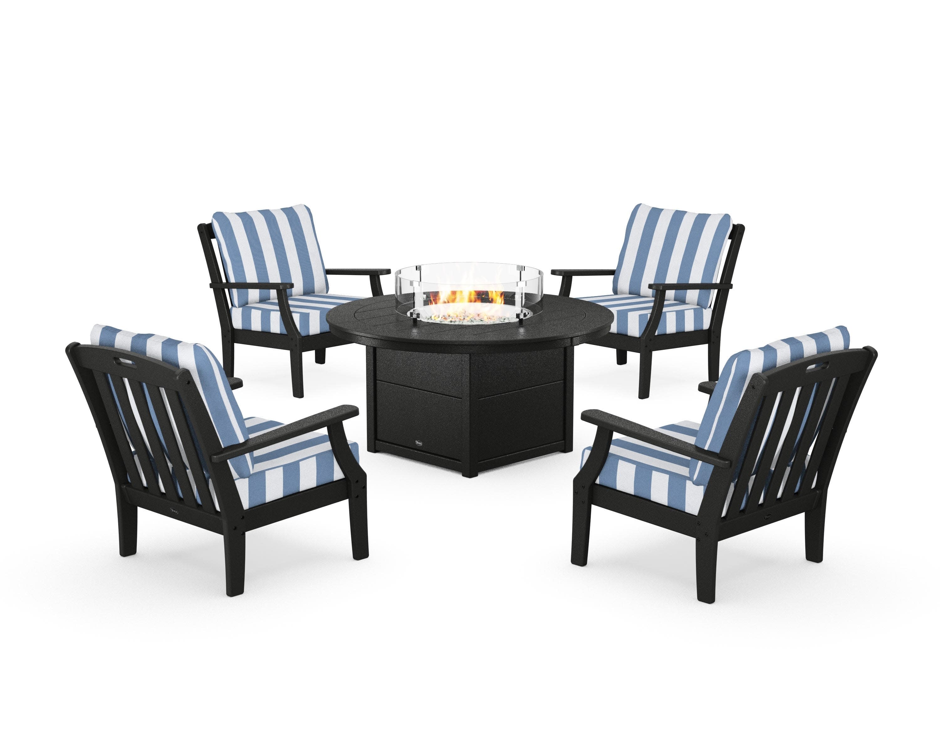 Yacht Club 5-Piece Deep Seating Set with Round Fire Pit Table in Charcoal Black / Cabana Stripe Sky Blue