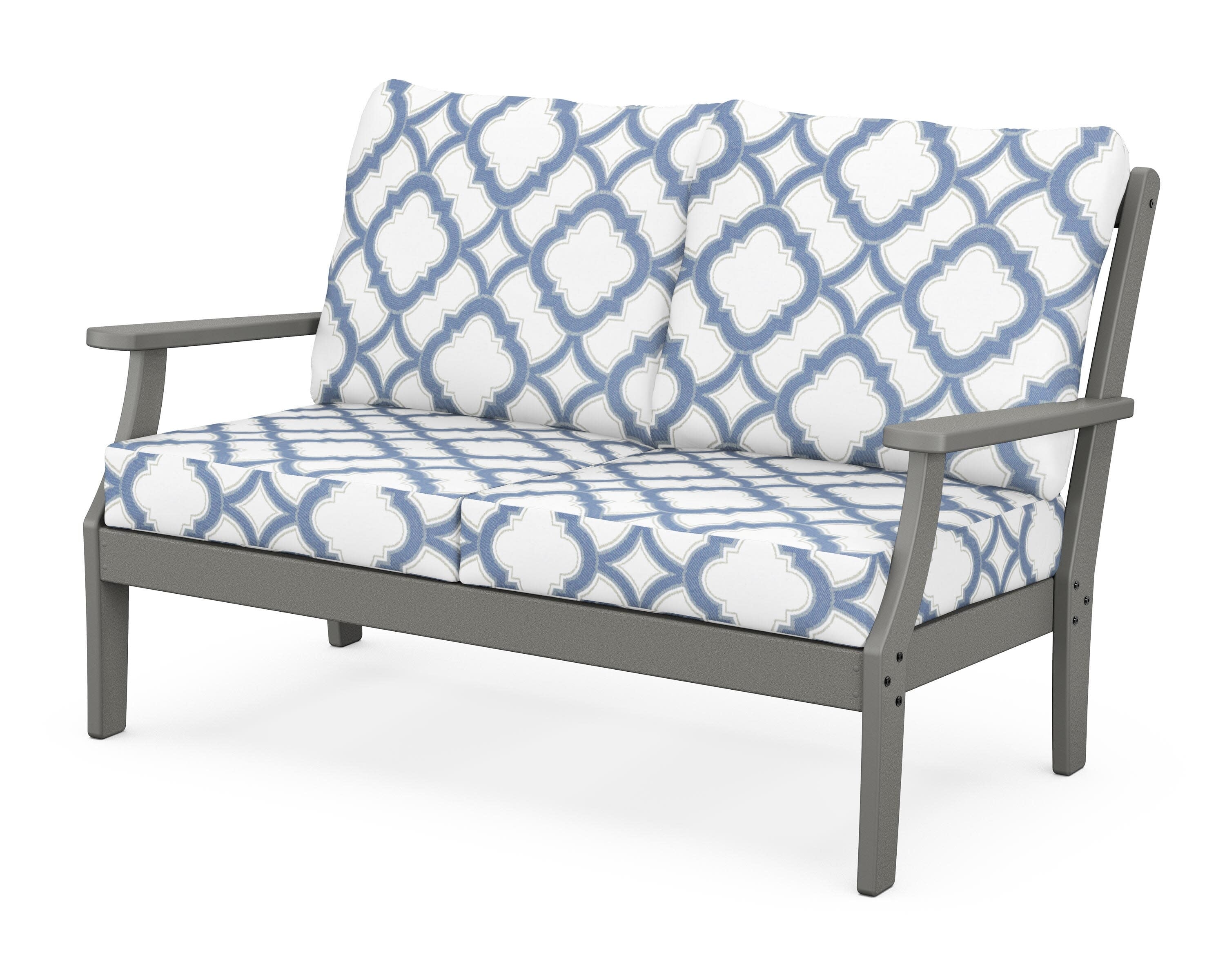 Yacht Club Deep Seating Loveseat in Stepping Stone / Trellis Sky Blue