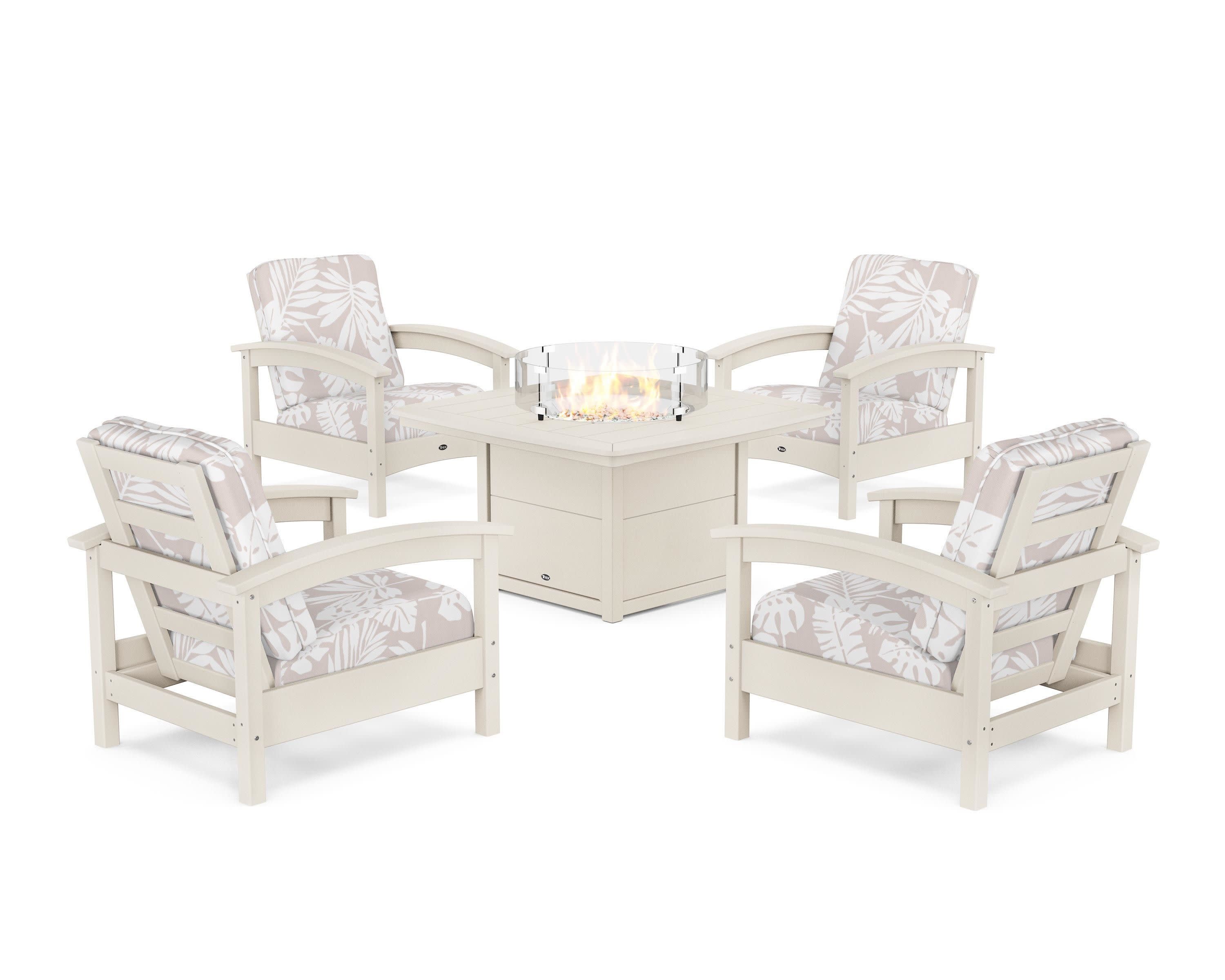 Rockport 5-Piece Deep Seating Set with Yacht Club Fire Pit Table in Sand Castle / Leaf Dune Burlap