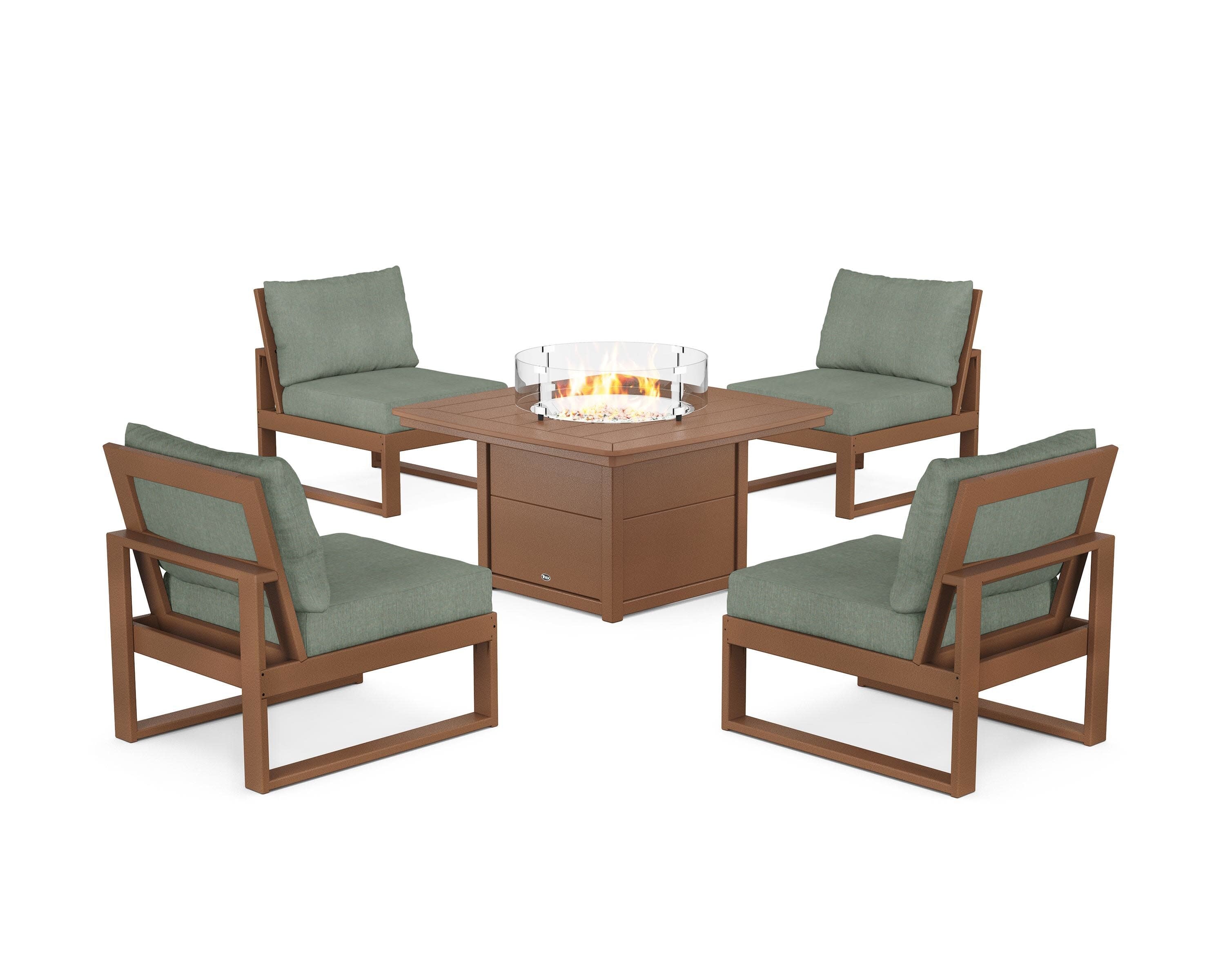 Eastport Modular 5-Piece Deep Seating Set with Yacht Club Fire Pit Table in Tree House / Cast Sage