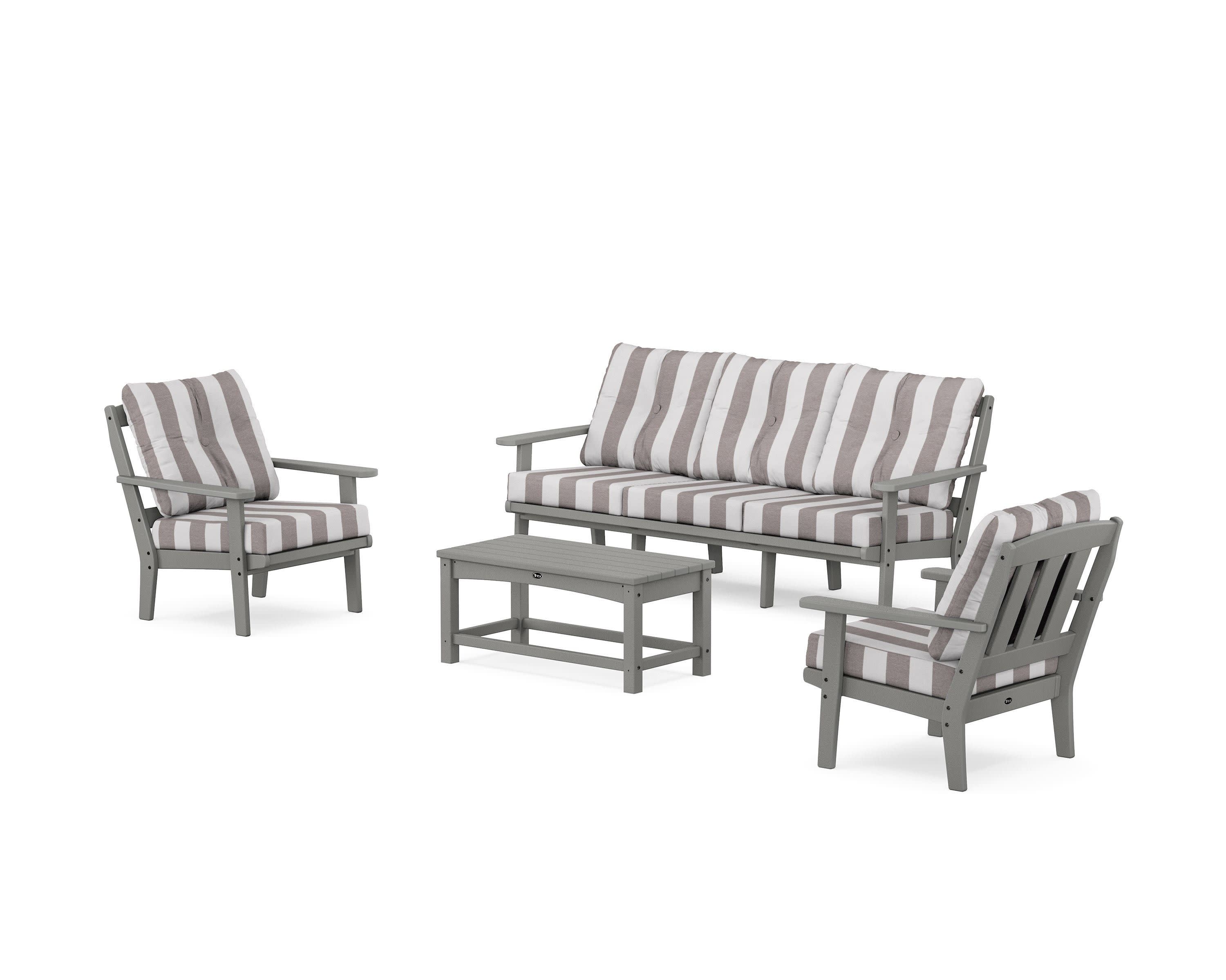 Cape Cod 4-Piece Deep Seating Set with Sofa in Stepping Stone / Cabana Stripe Grey Mist