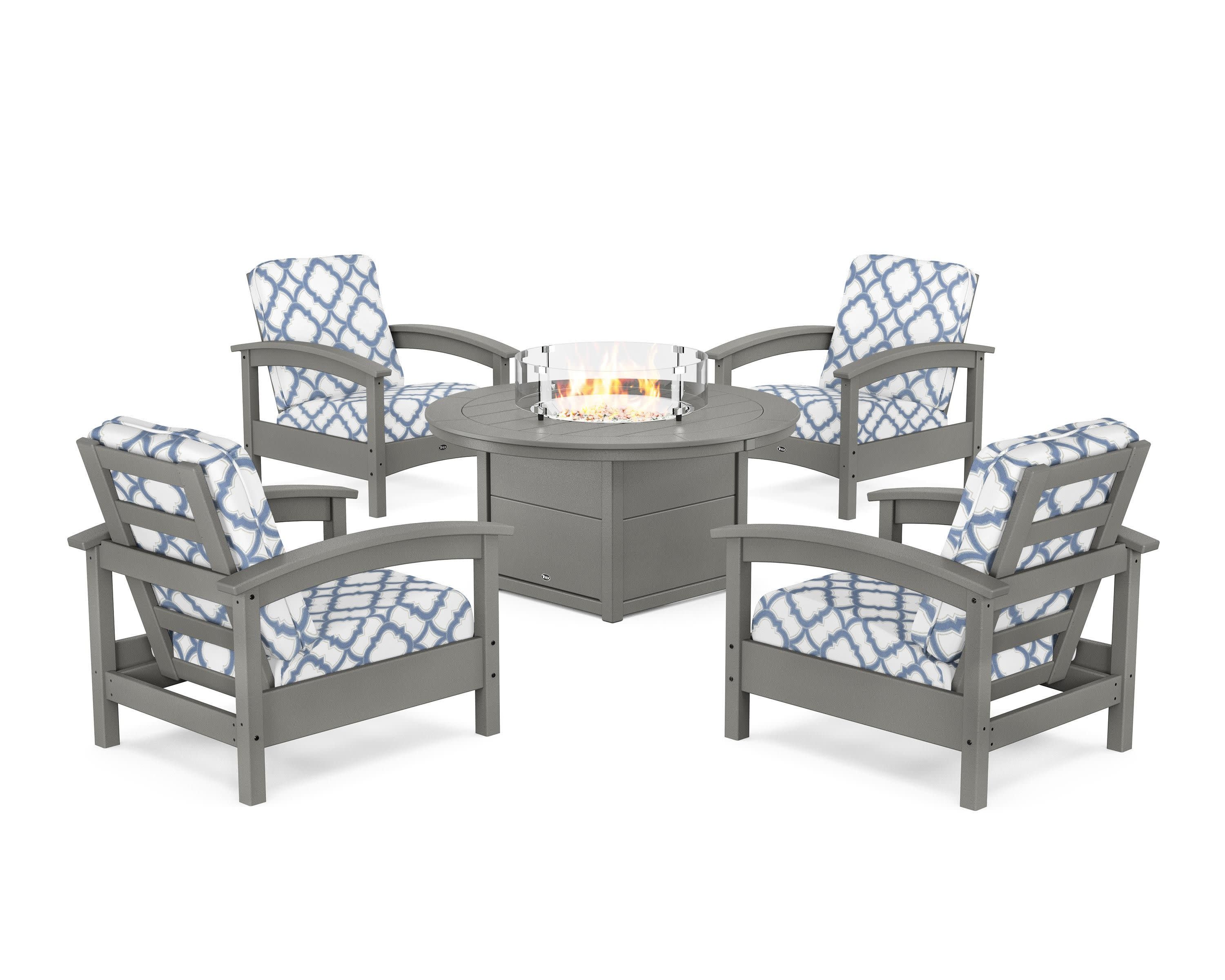 Rockport 5-Piece Deep Seating Set with Round Fire Pit Table in Stepping Stone / Trellis Sky Blue