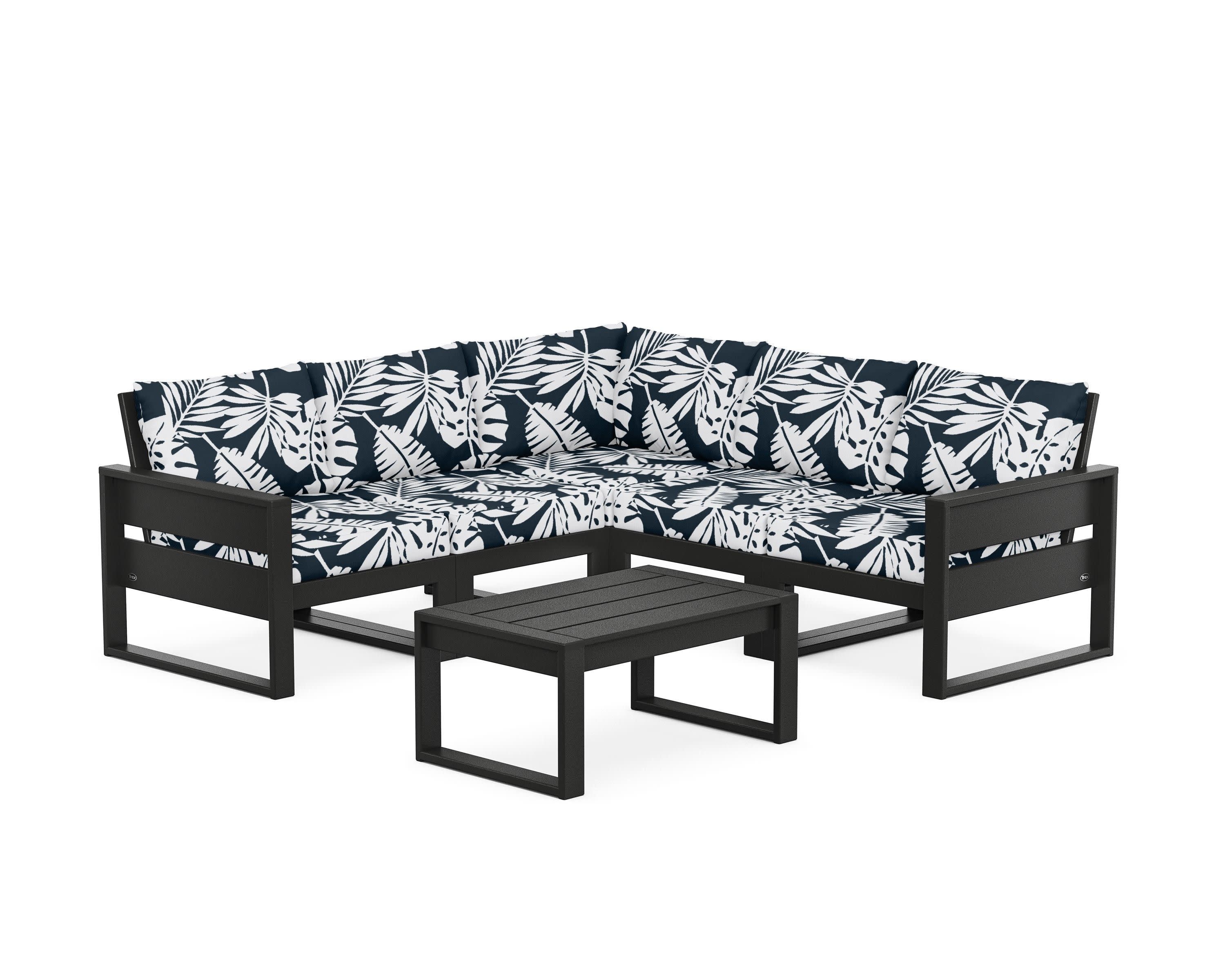Eastport 6-Piece Deep Seating Sectional + Coffee Table Set in Charcoal Black / Leaf Marine Indigo