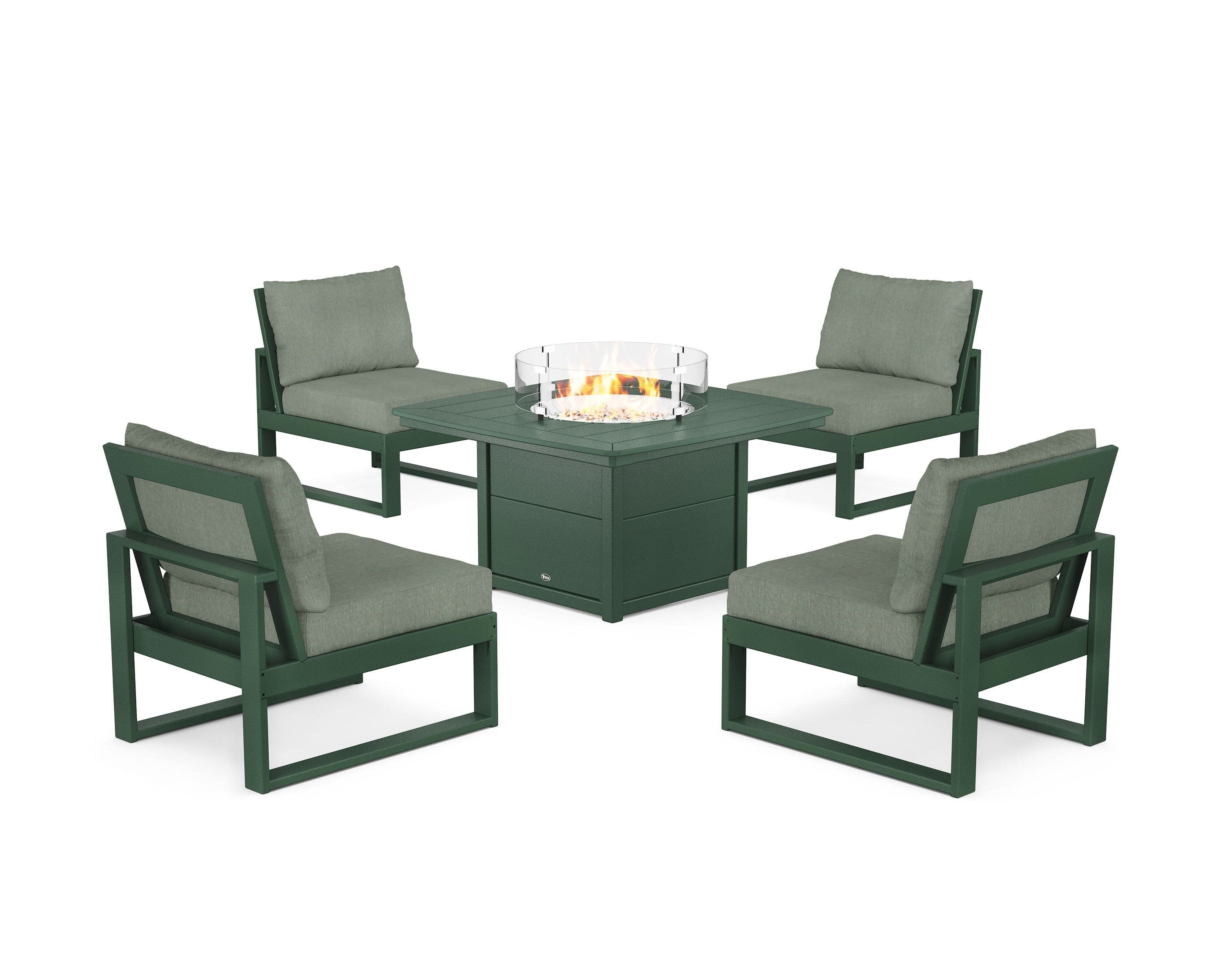 Eastport Modular 5-Piece Deep Seating Set with Yacht Club Fire Pit Table in Rainforest Canopy / Cast Sage