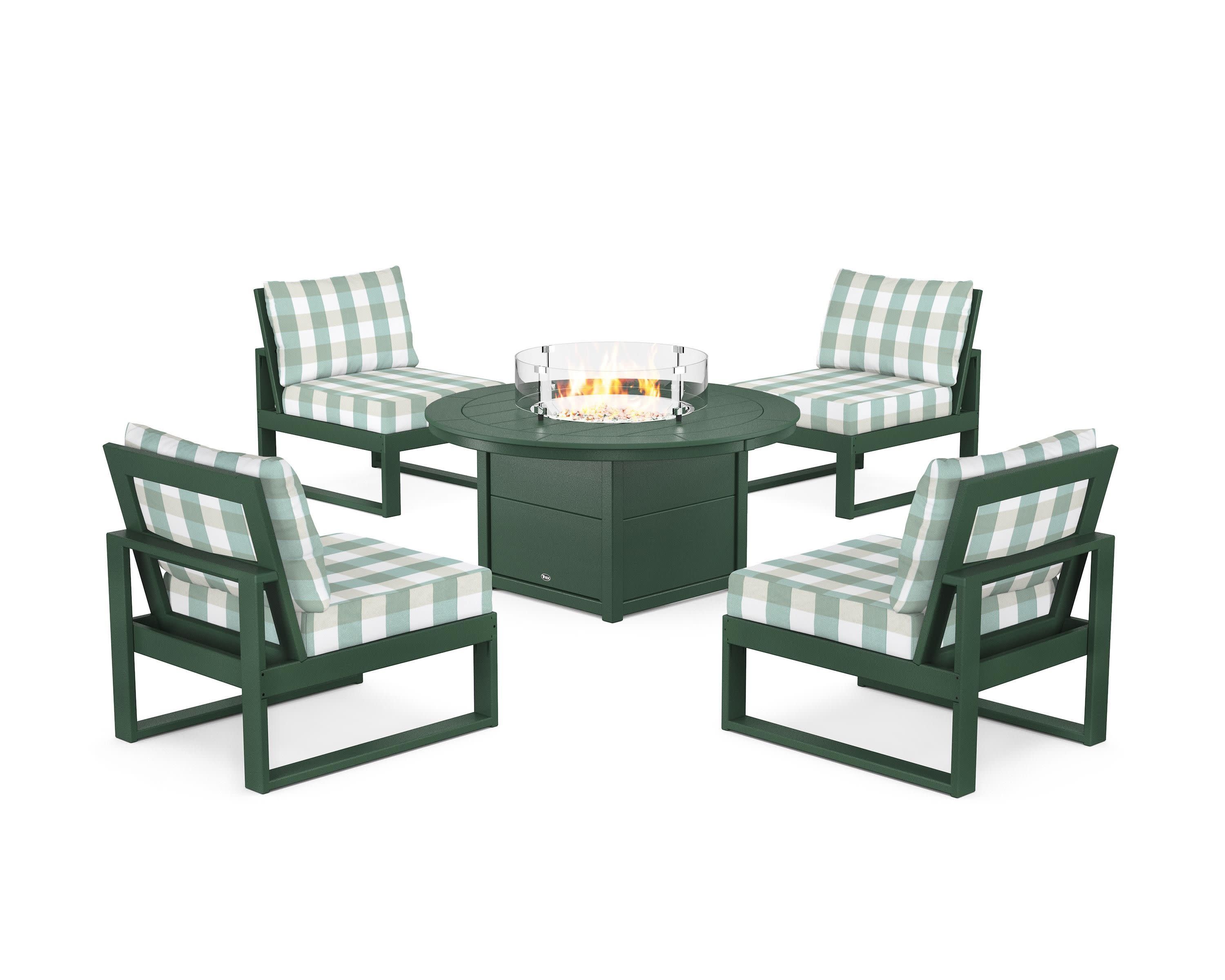 Eastport Modular 5-Piece Deep Seating Set with Round Fire Pit Table in Rainforest Canopy / Buffalo Plaid Glacier Spa